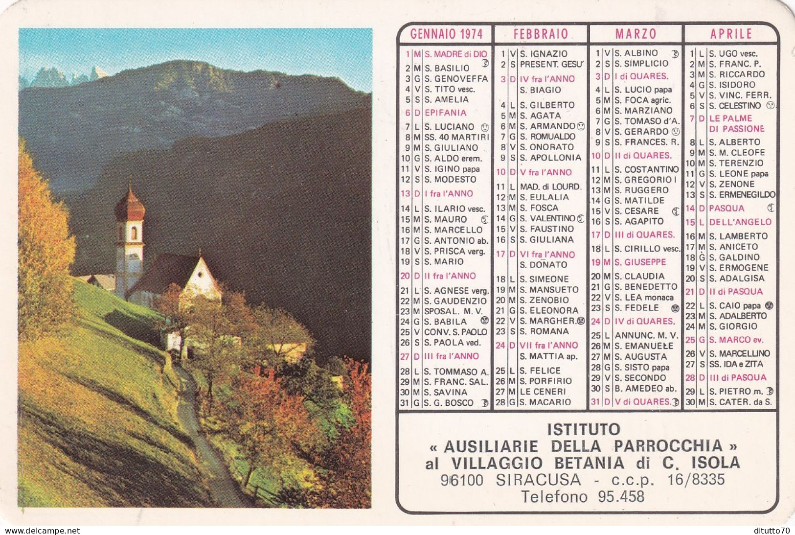 Calendarietto - Istituto Ausiliarie Della Parrocchia Al Villaggio Betania Di C. Isola - Siracusa C- Anno 1974 - Formato Piccolo : 1971-80