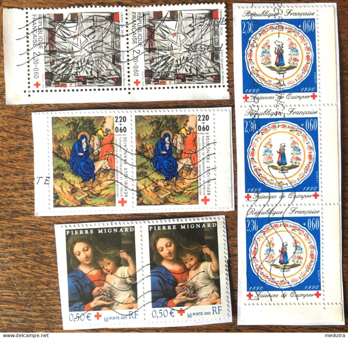 Croix Rouge France : 7 Timbres Oblitérés Sur Les Arts (7 Unités, 3 Paires, 1 Triplette)  2 Photos - Croix-Rouge