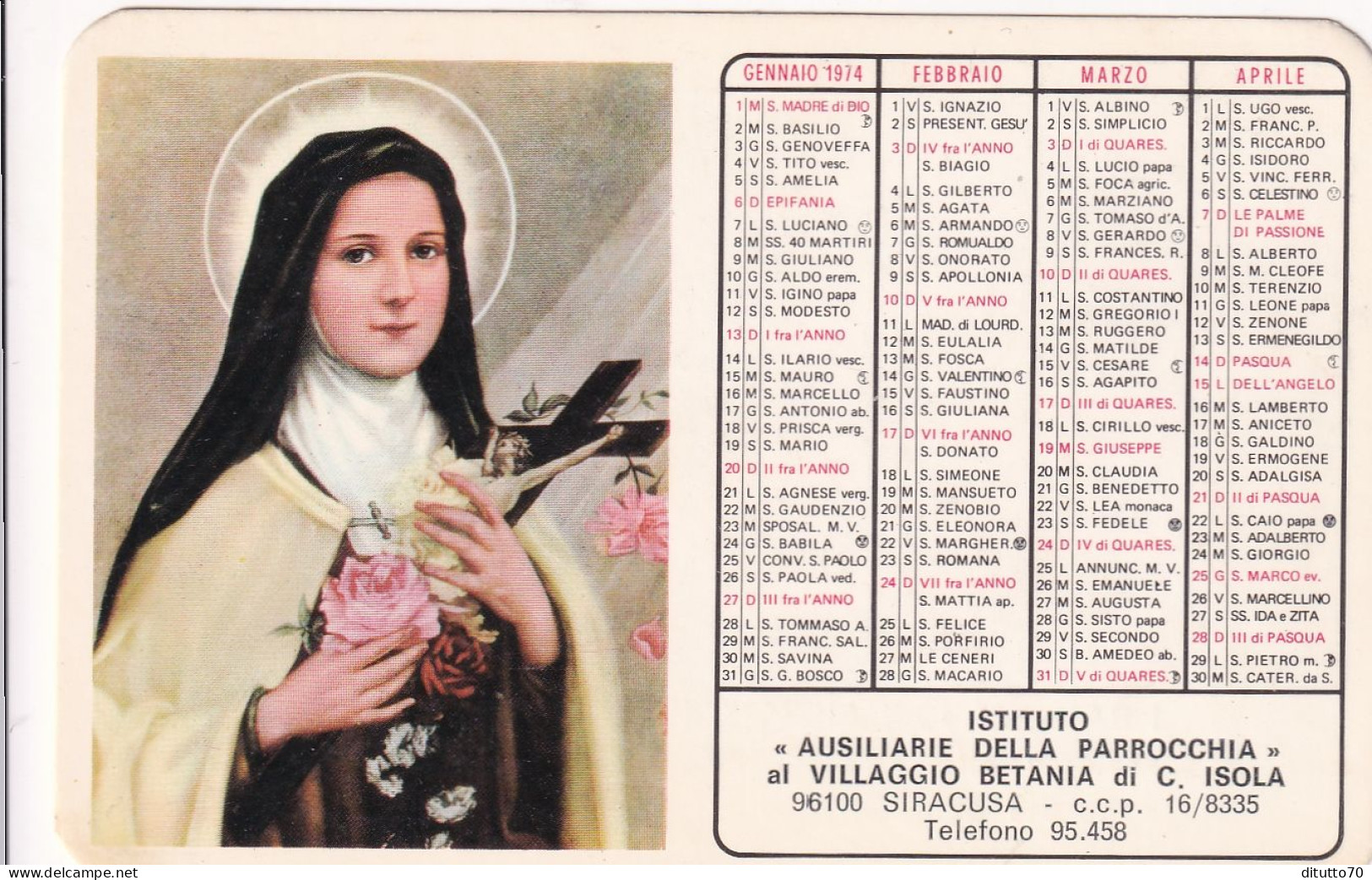 Calendarietto - Istituto Ausiliarie Della Parrocchia Al Villaggio Betania Di.c.isola - Siracusa - Anno 1974 - Klein Formaat: 1971-80