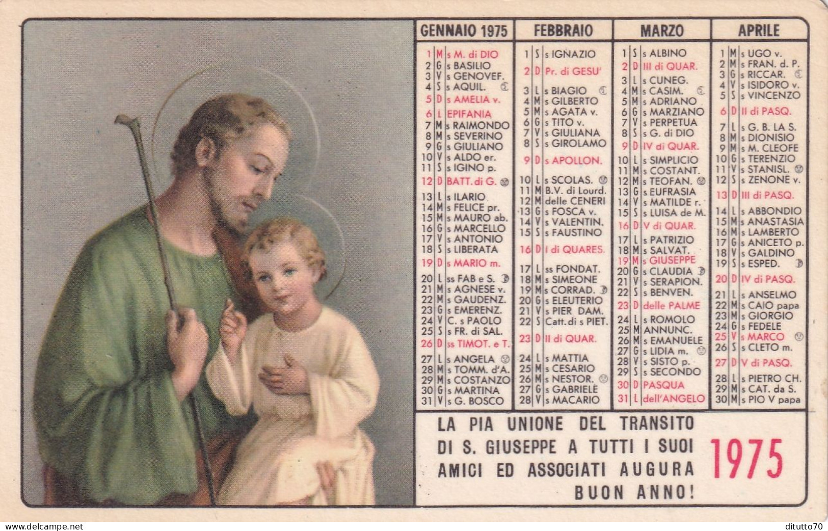 Calendarietto - La Pia Unione Del Transito Di S.giuseppe - Roma - Anno 1975 - Tamaño Pequeño : 1971-80