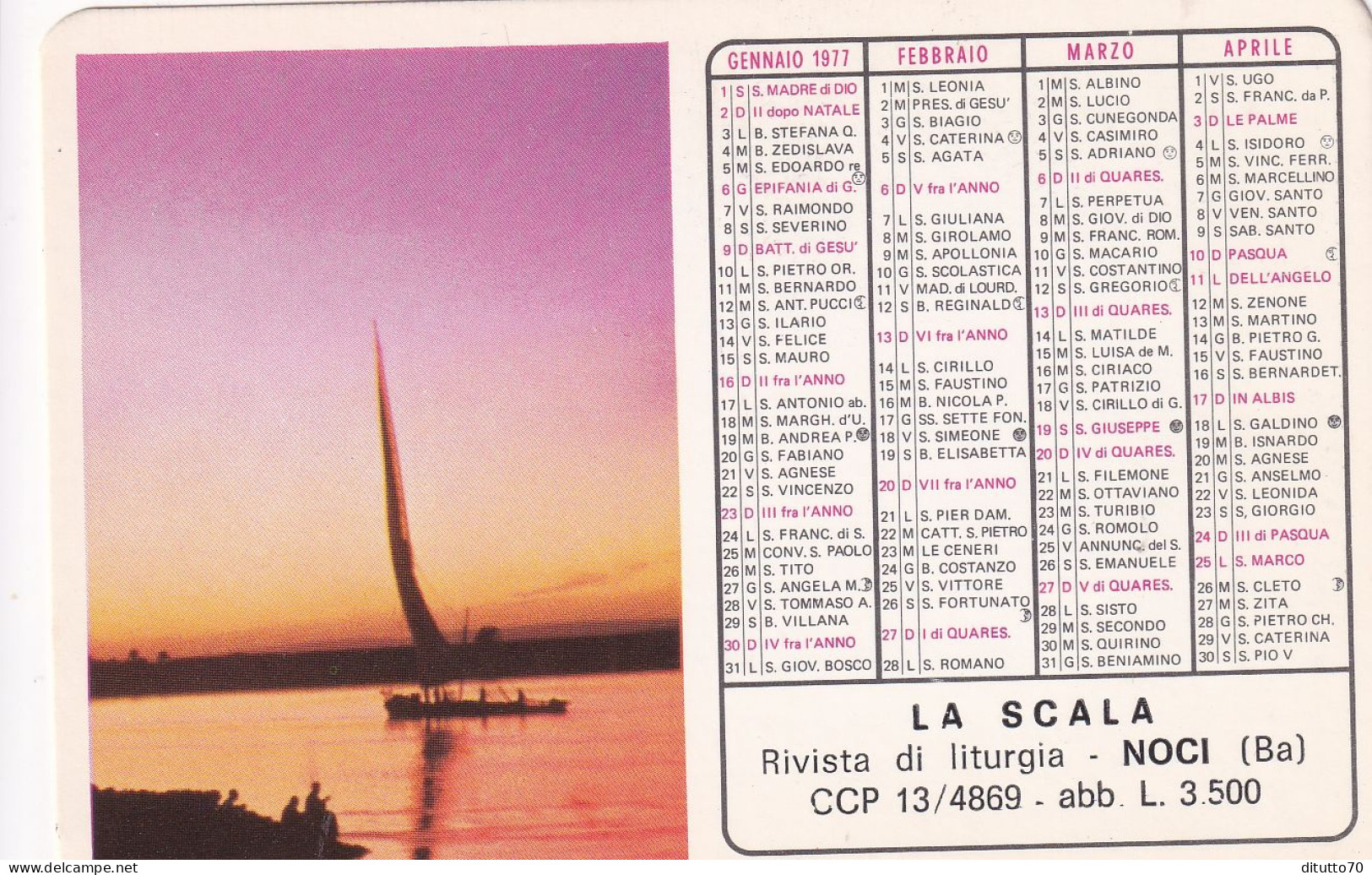 Calendarietto - La Scala - Rivista Di Liturgia -  Noci - Bari - Anno 1977 - Petit Format : 1971-80