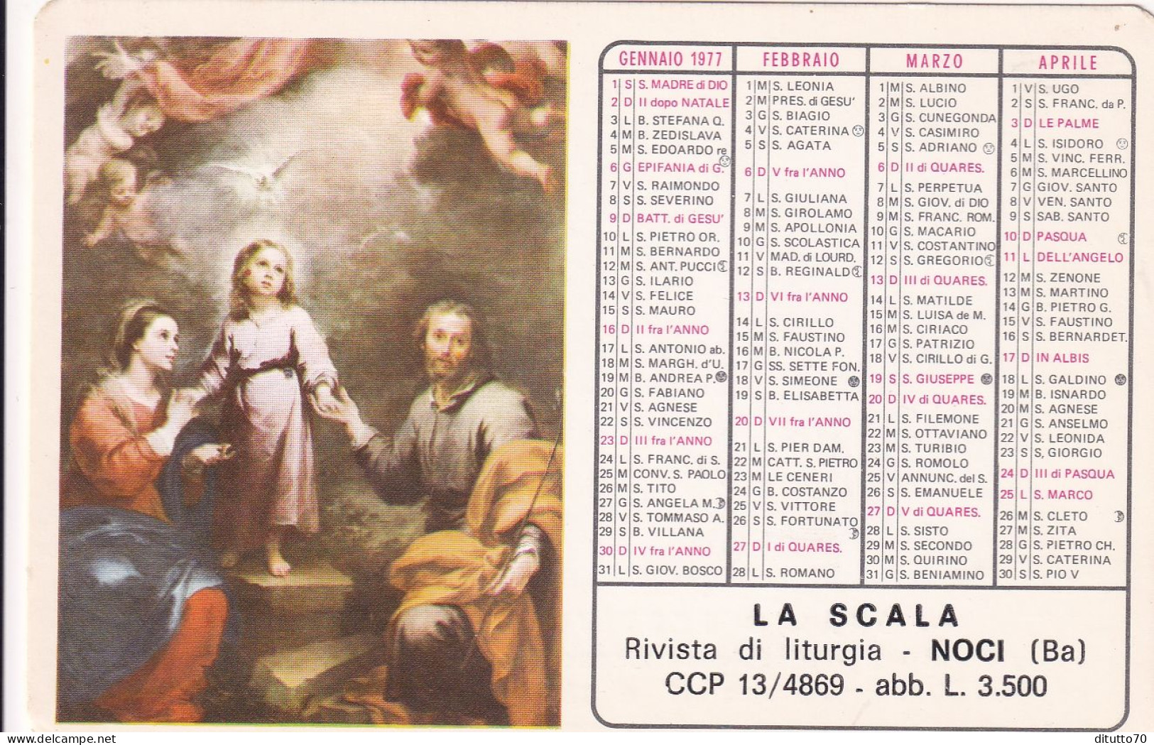 Calendarietto - La Scala - Rivista Di Liturgia - Noci - Bari - Anno 1977 - Tamaño Pequeño : 1971-80