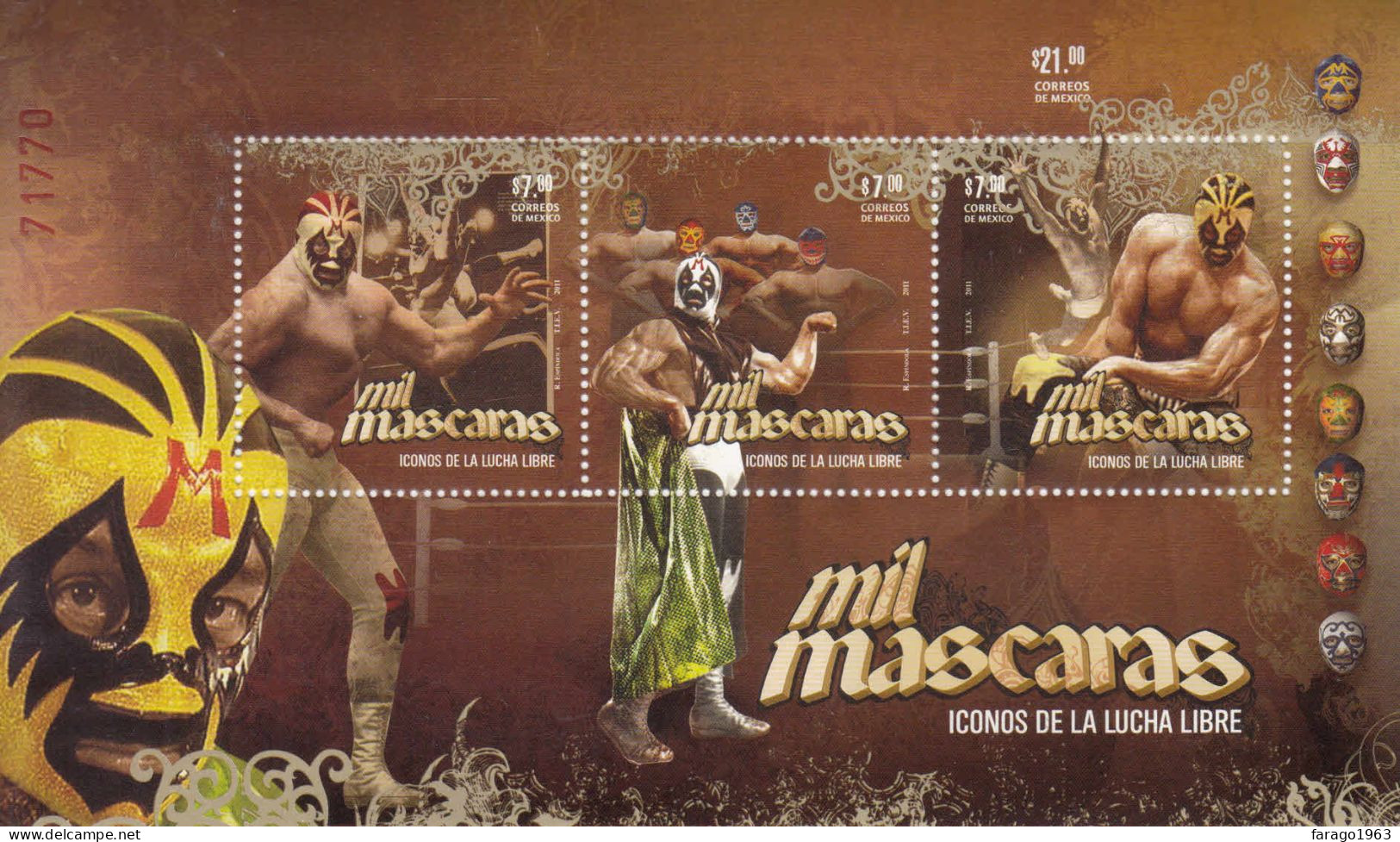 2011 Mexico Mil Mascaras Professional Wrestling  Miniature Sheet Of 3 MNH - Mexico