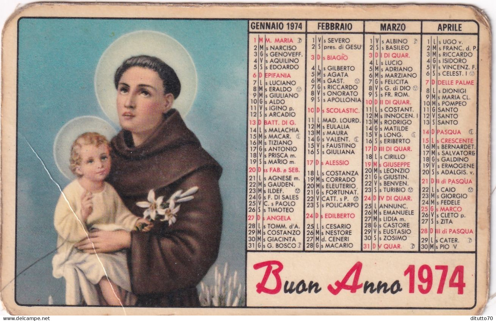 Calendarietto - Le Orfanelle Antoniane Del Padre A.m. Di Francia - Anno 1974 - Tamaño Pequeño : 1971-80