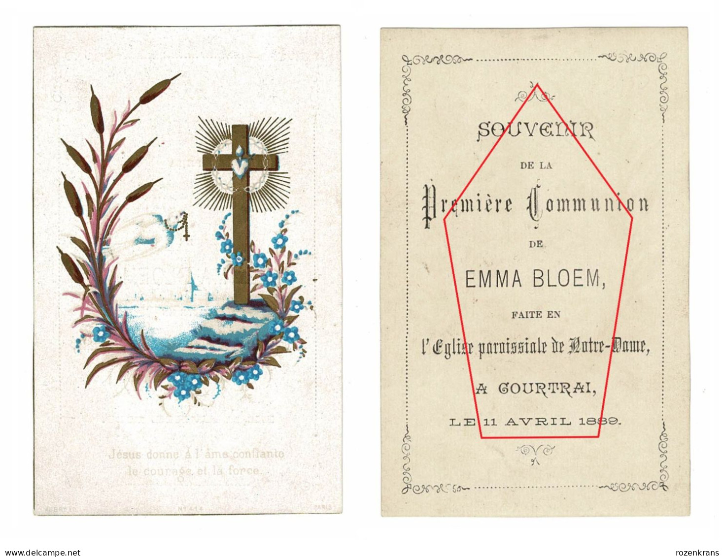 Communieprentje 1889 Santini Canivet Image Pieuse Holy Première Communion Card Emma Bloem Kortrijk Courtrai - Images Religieuses