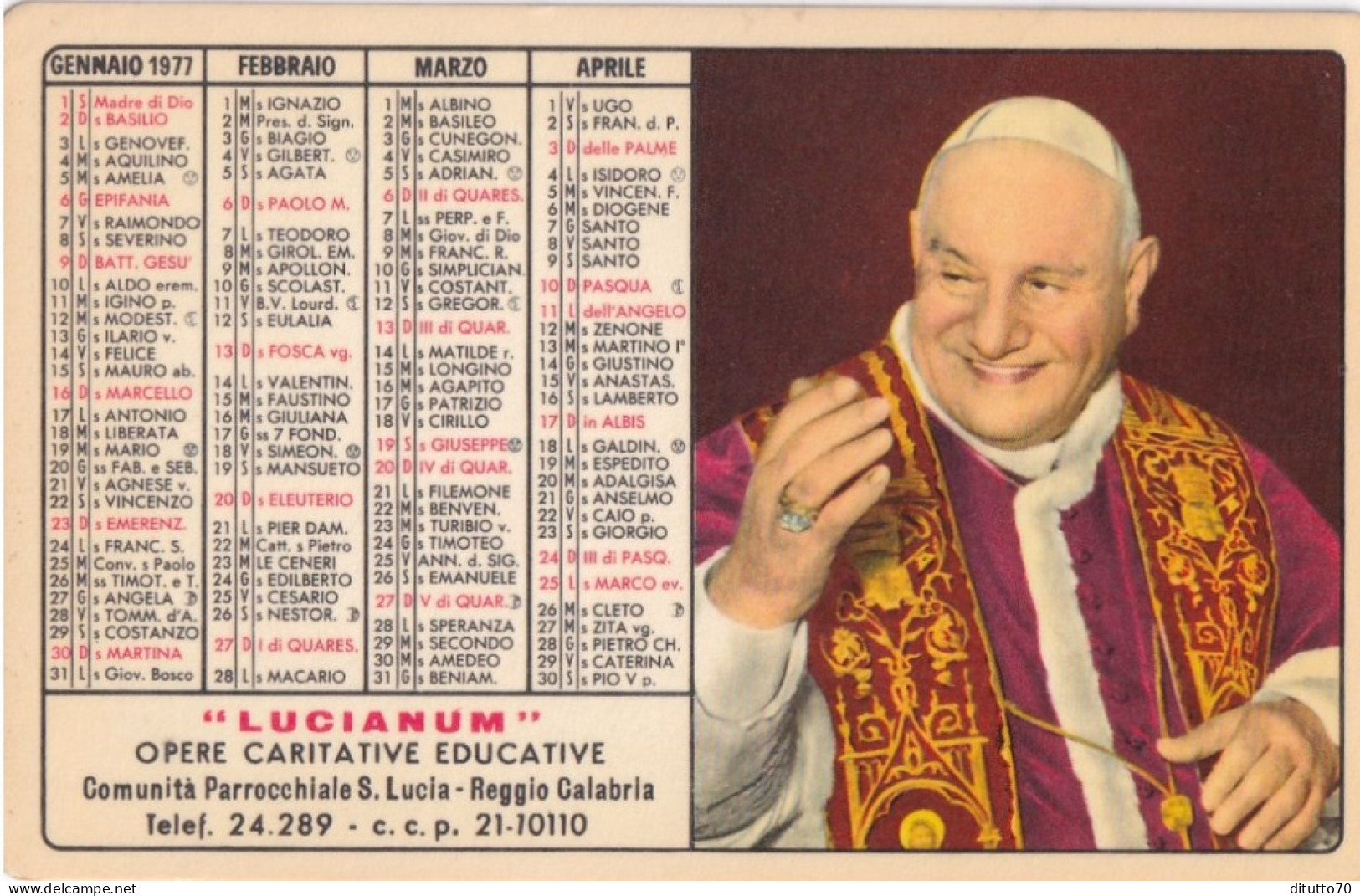 Calendarietto - Lucianum - Opera Caritative Educative - Comunità Parrpcchiale S.lucia - Reggio Calabria - Anno 1977 - Petit Format : 1971-80