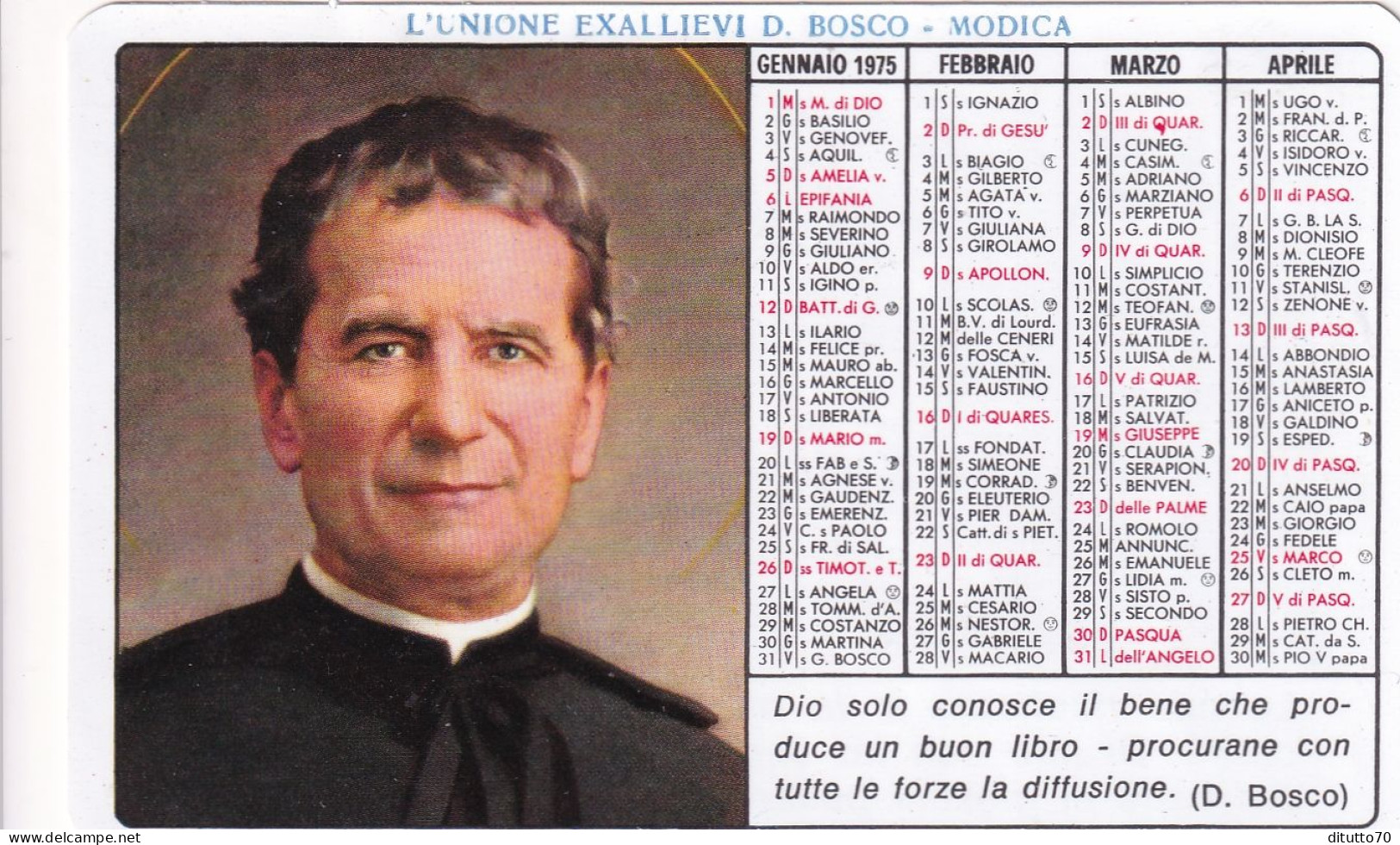 Calendarietto - L'unione Exallievi D.bosco - Modica - Anno 1975 - Tamaño Pequeño : 1971-80