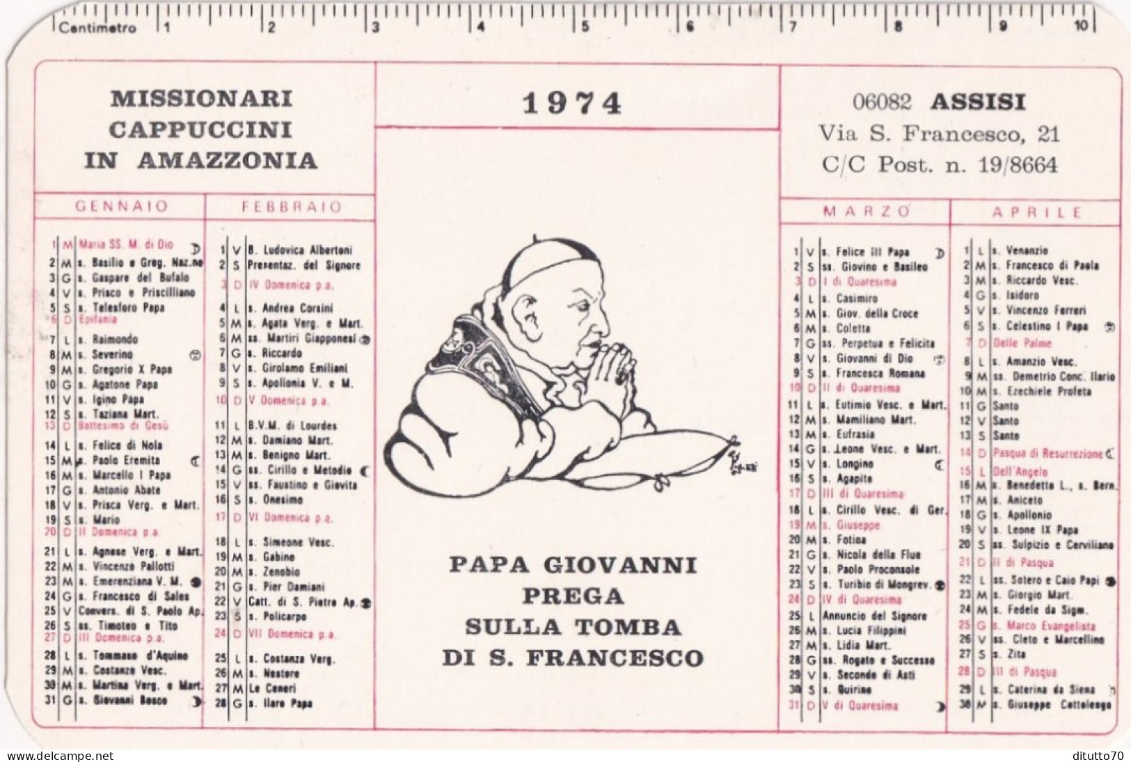 Calendarietto - Missinari Cappuccini In Amazzonia - Assisi - Anno 1974 - Formato Piccolo : 1971-80