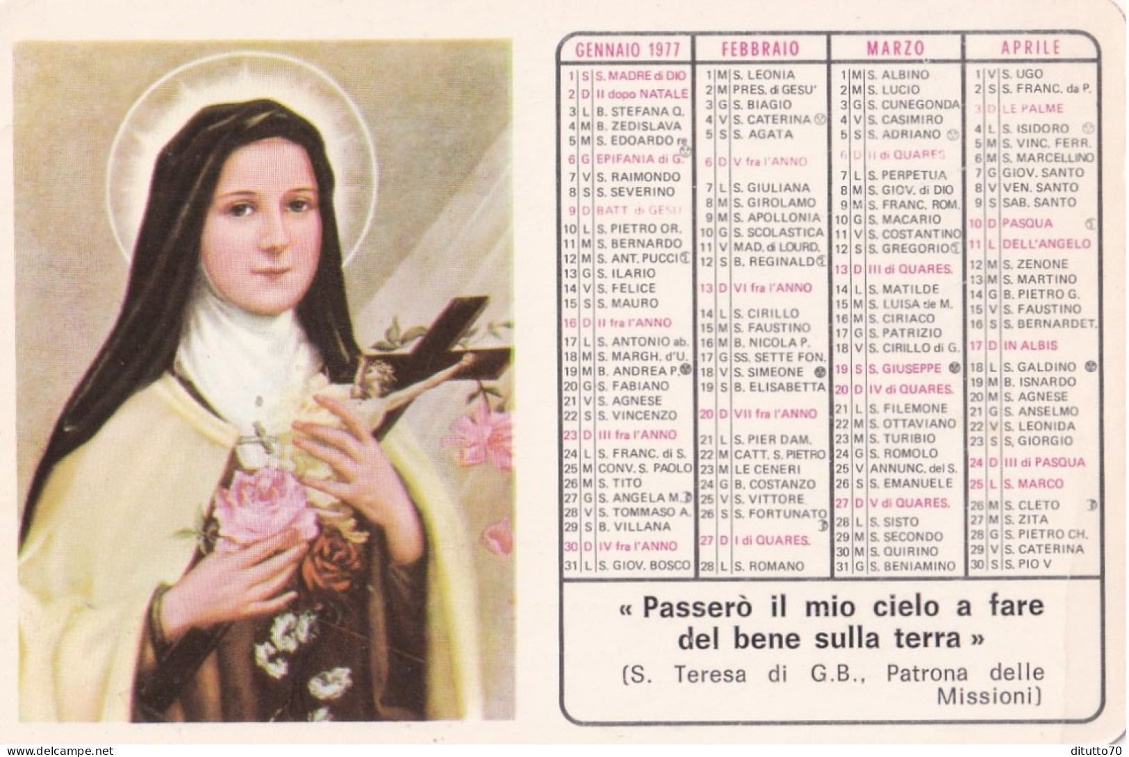 Calendarietto - Missioni Dei Carmelitani Scalzi - S.teresa Di B.g. Patroma Delle Missioni - Firenze - Anno 1977 - Petit Format : 1971-80