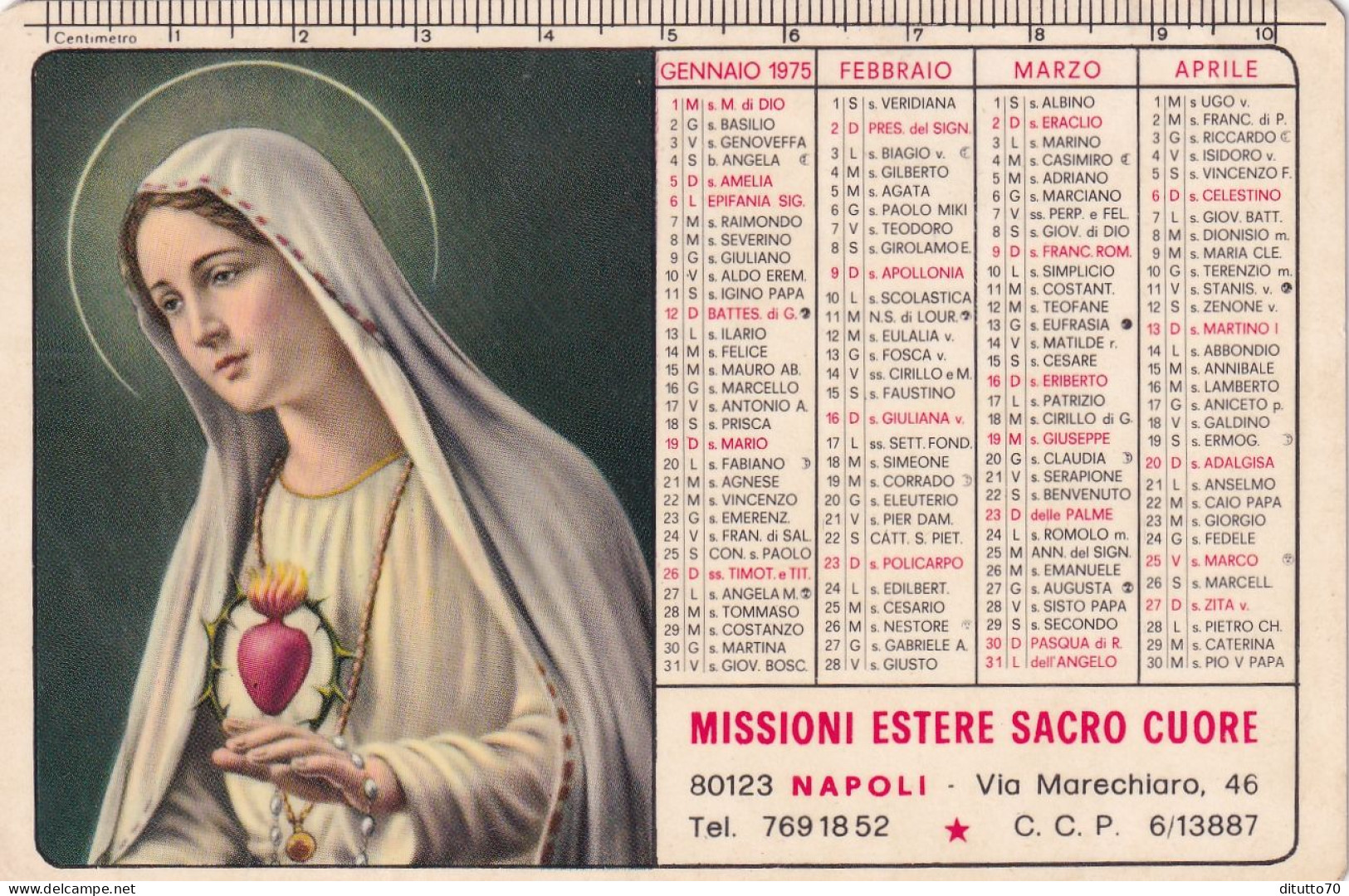 Calendarietto - Missioni Estere  Sacro Cuore - Napoli - Anno 1975 - Small : 1971-80
