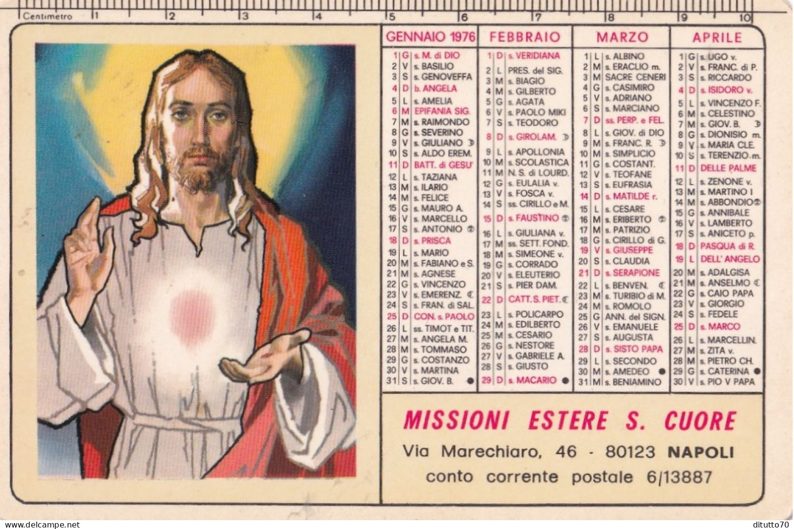 Calendarietto - Missioni Estere  Sacro Cuore - Napoli - Anno 1976 - Tamaño Pequeño : 1971-80