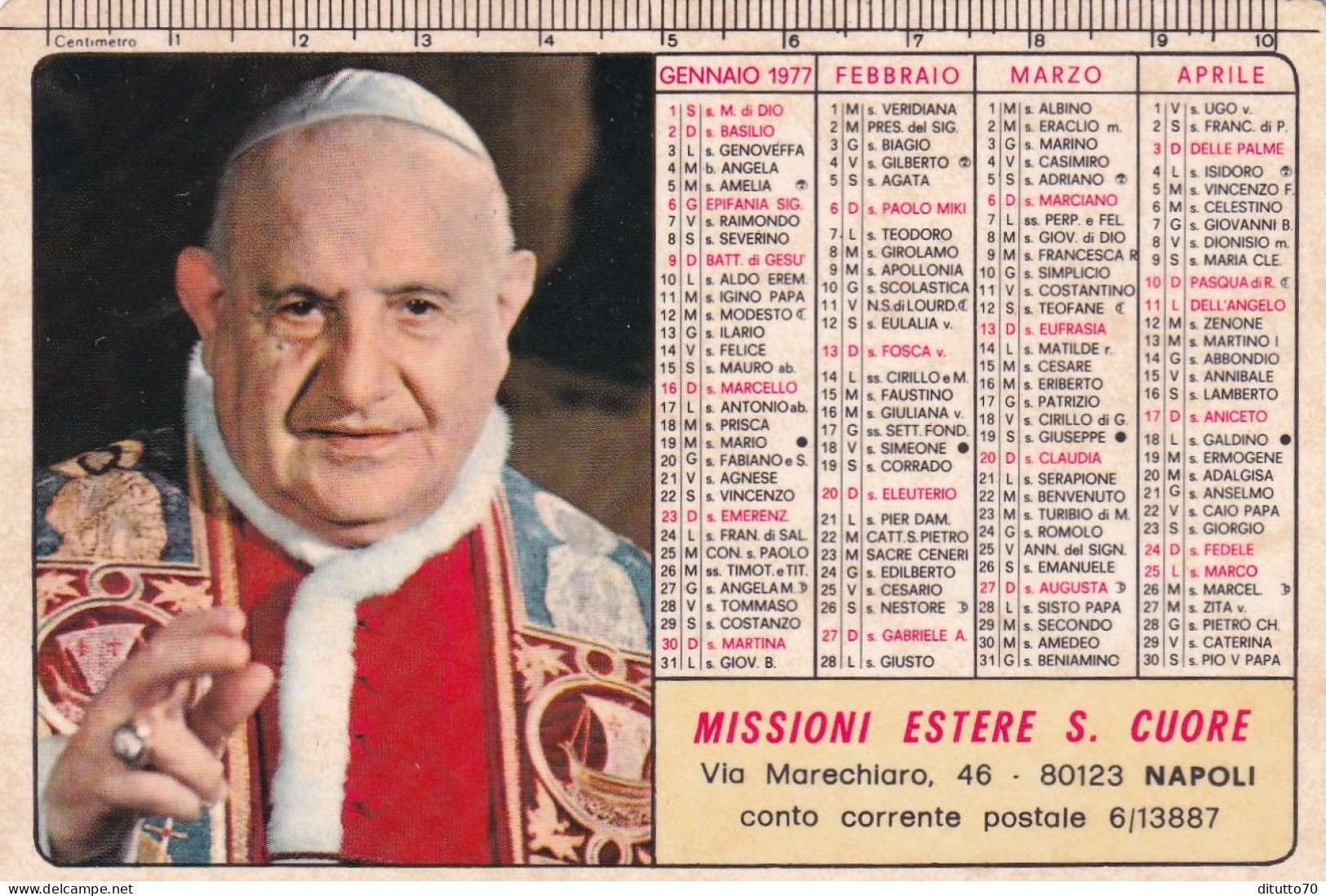 Calendarietto - Missioni Estere  Sacro Cuore - Napoli - Anno 1977 - Kleinformat : 1971-80