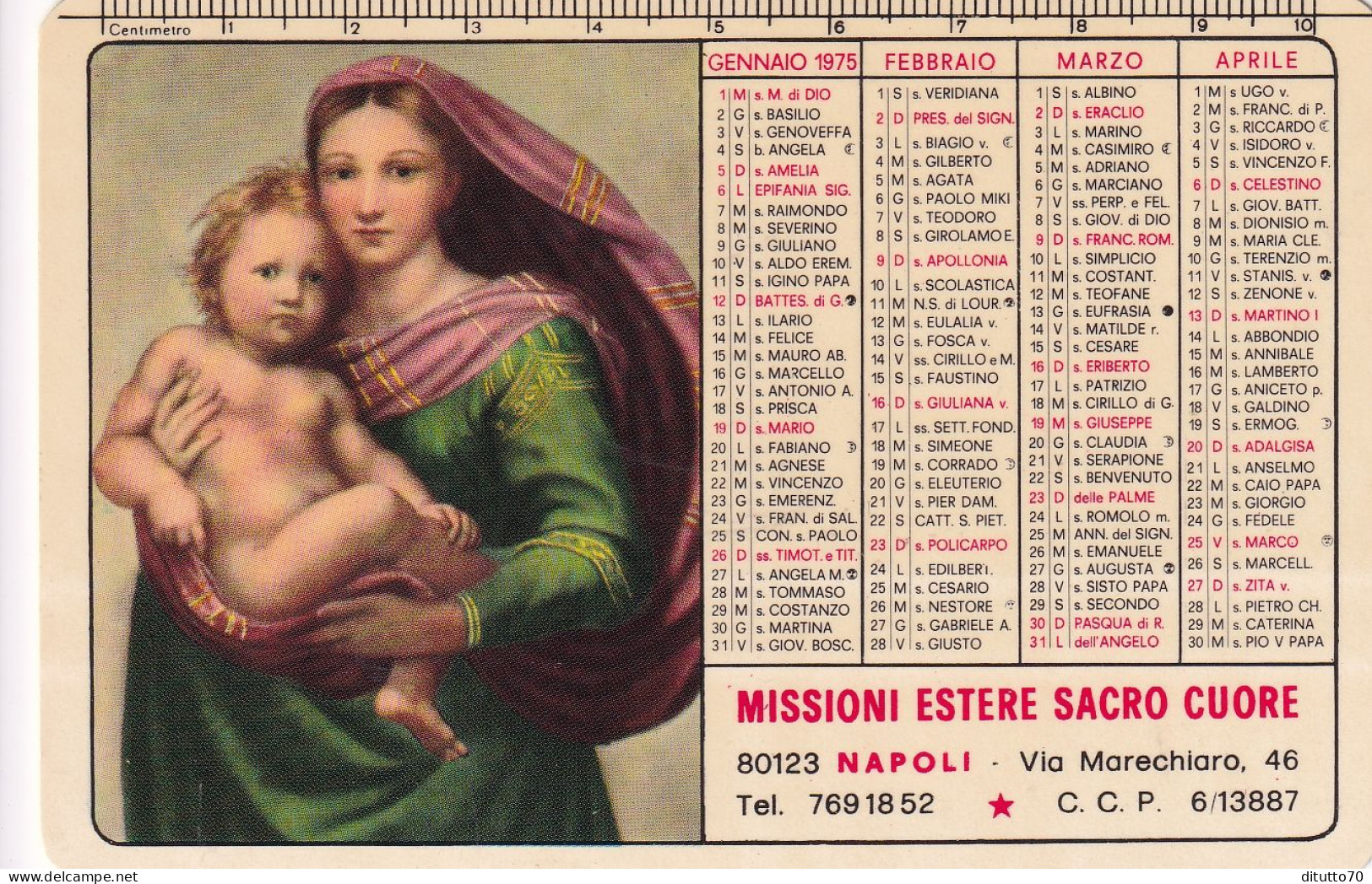 Calendarietto - Missioni Estere Sacro Cuore  - Napoli - Anno 1975 - Tamaño Pequeño : 1971-80