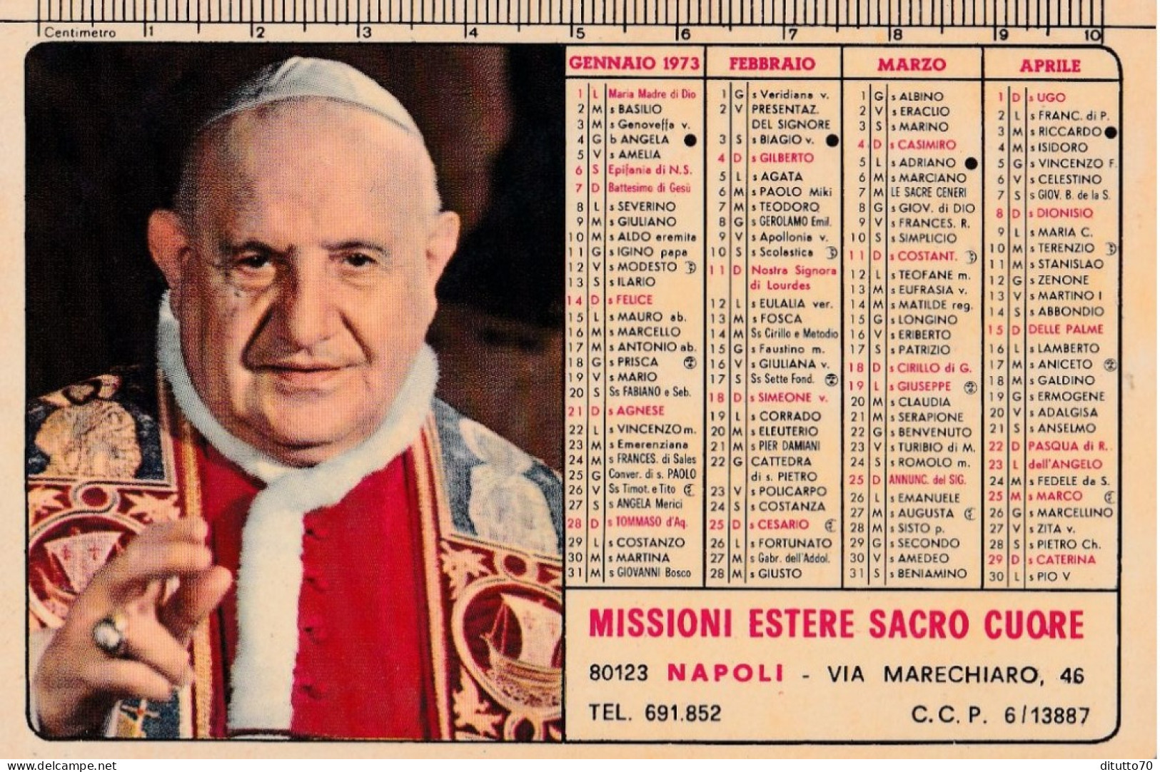 Calendarietto - Missioni Estere Sacro Cuore - Napoli - Anno 1973 - Formato Piccolo : 1971-80