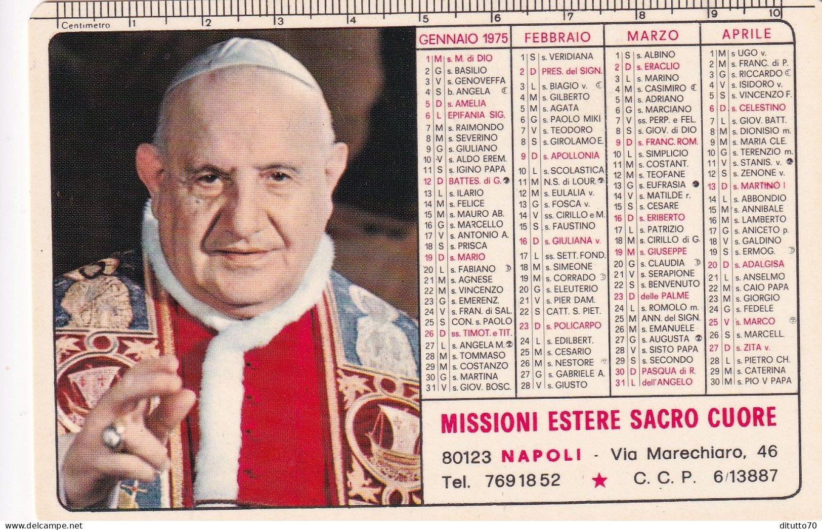 Calendarietto - Missioni Estere Sacro Cuore - Napoli - Anno 1975 - Formato Piccolo : 1971-80