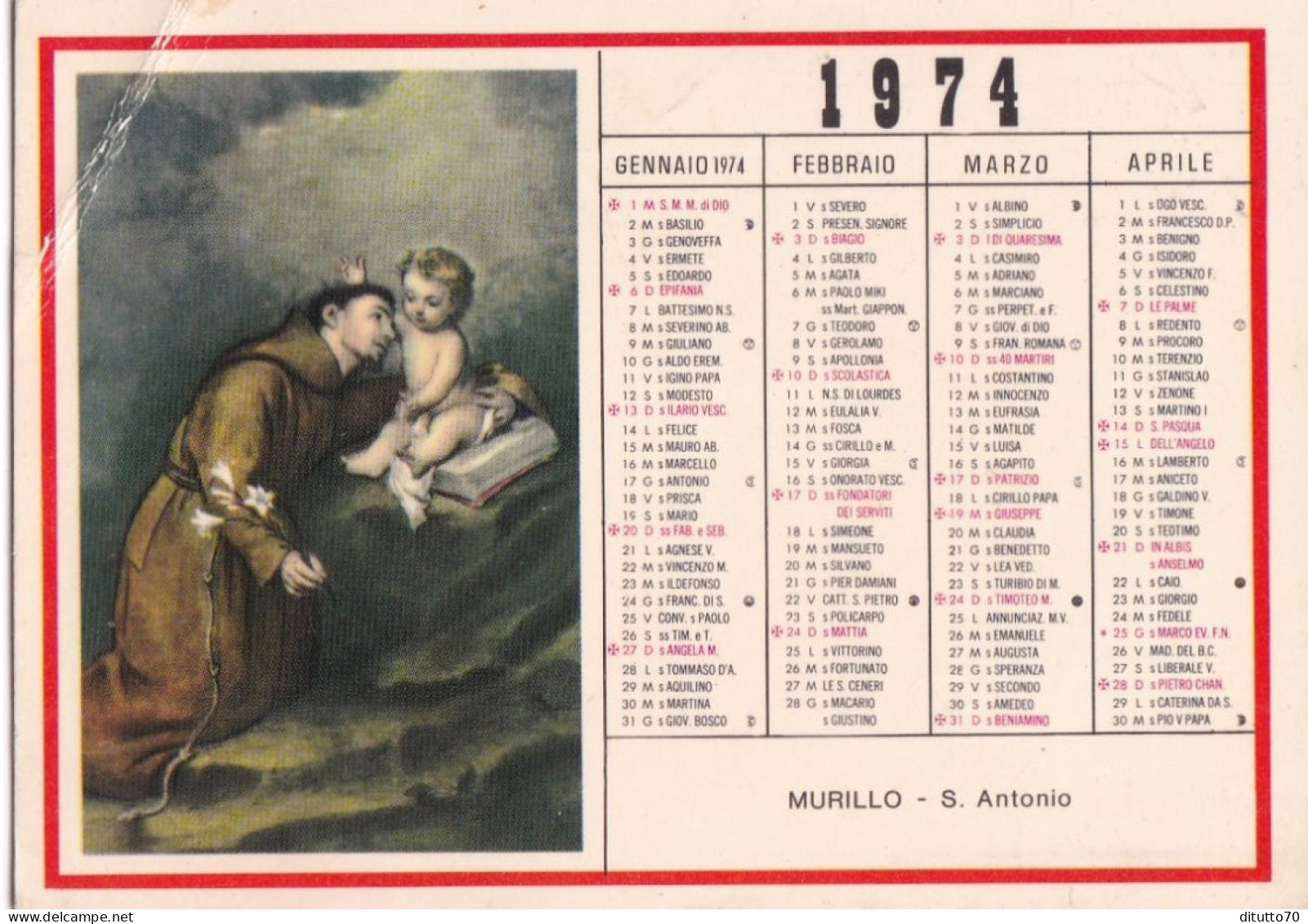 Calendarietto - Murillo - S.antonio - Anno 1974 - Petit Format : 1971-80