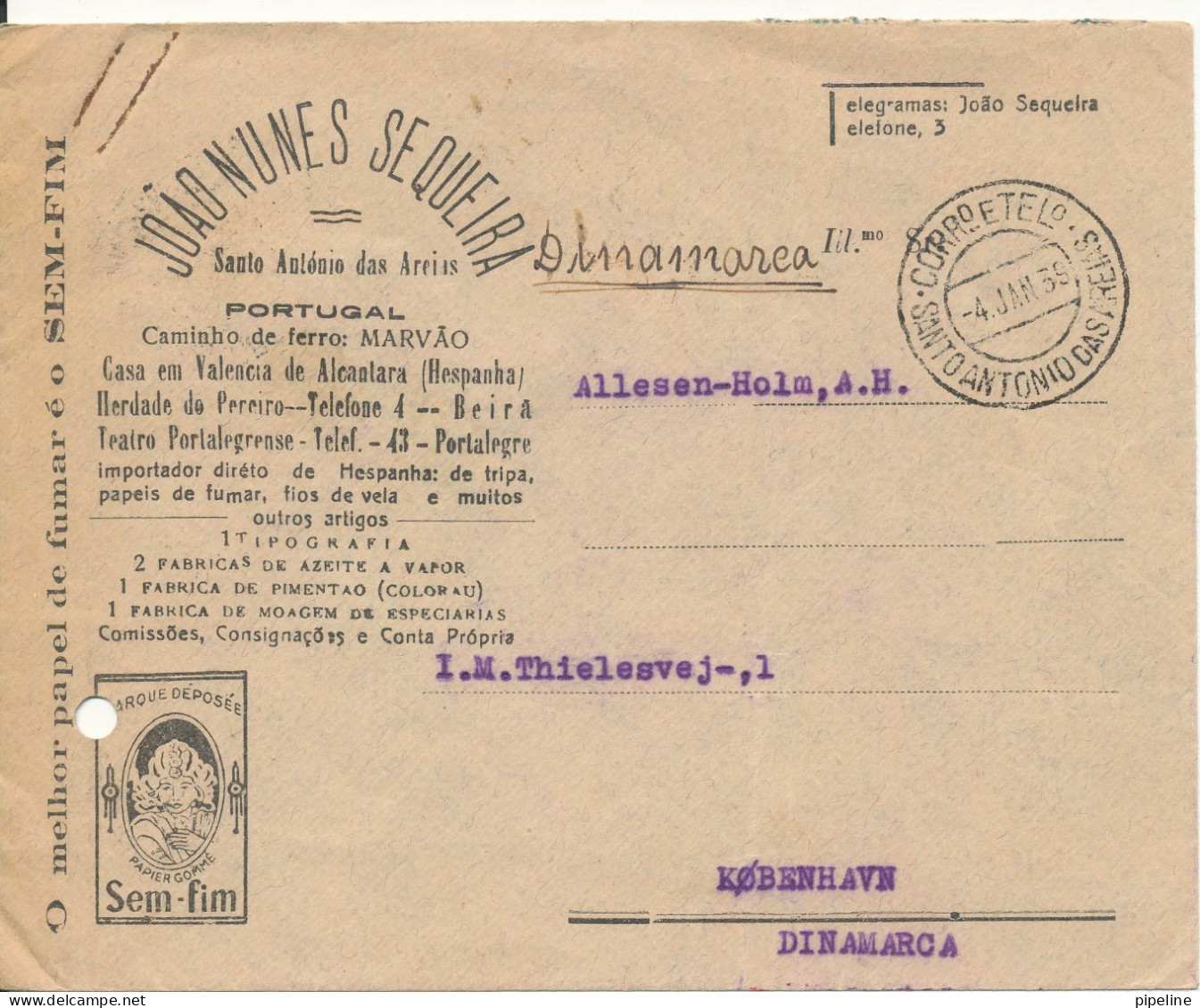 Portugal Cover Sent To Denmark 4-1-1939 With Stamps On The Backside Of The Cover 1 Stamp Damaged With Archive Hole - Cartas & Documentos