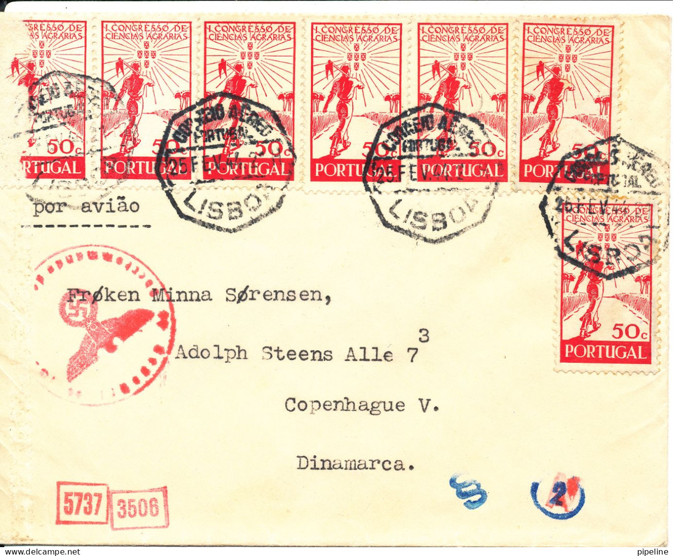 Portugal Nazi Censored Cover Sent To Denmark Lisboa 25-2-1944 1 Of The Stamps Is Damaged - Lettres & Documents