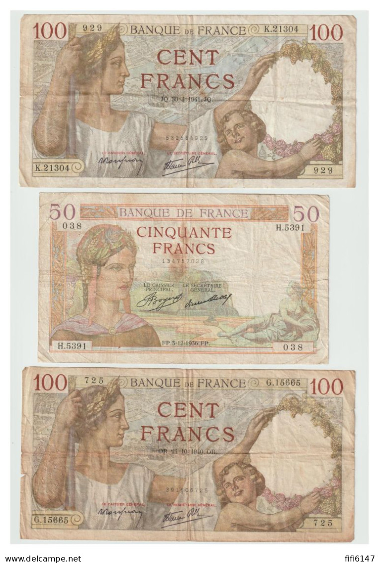 FRANCE LOT DE 3 BILLETS -- 2x 100francs SULLY Et 50 Francs Céres - Sonstige & Ohne Zuordnung