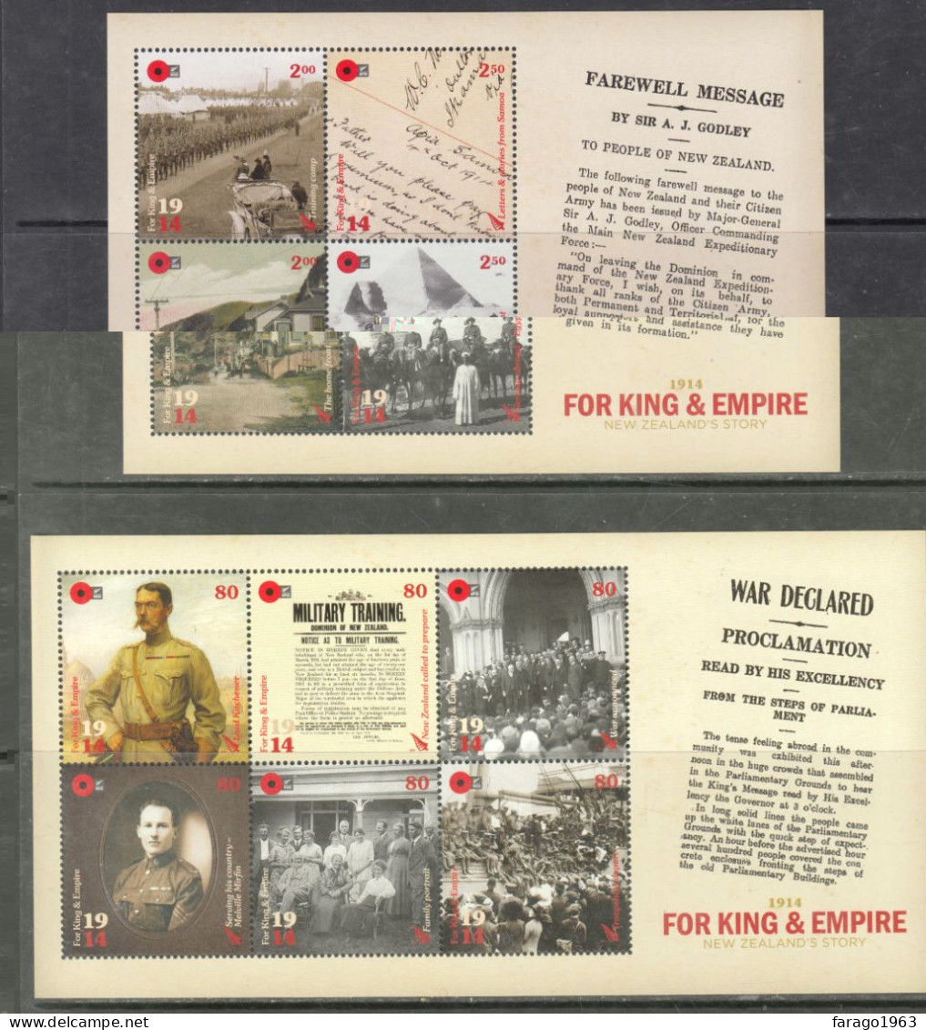 2014 New Zealand World War One WWI Military History Complete Set Of 2 Sheets MNH @ BELOW FACE VALUE - Ungebraucht