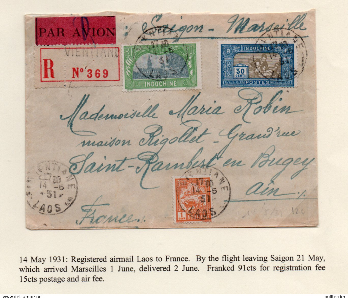 INDOCHINA -1931- REGISTERED AIRMAIL COVER FROM LAOS TO FRANCE WITH  BACKSTAMPS, RARE ITEM FROM LAOS - Lettres & Documents