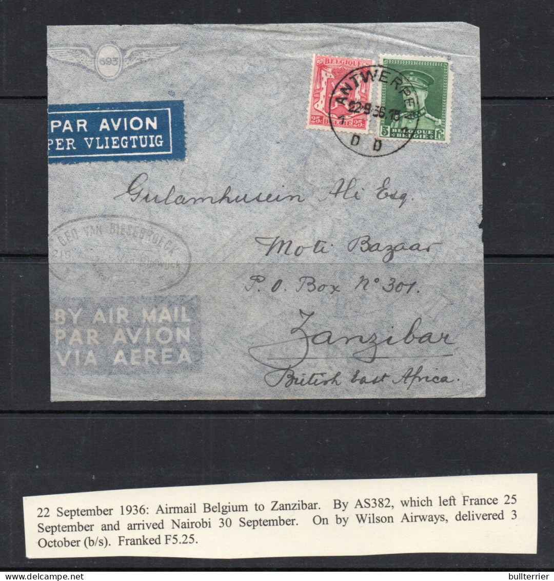 BELGIUM - 1936 AIRMAIL BELGIUM TO ZANZIBAR , NAIROBI ONWARDS BY WILSO AIRWAYS   WITH BACKSTAMPS - Covers & Documents