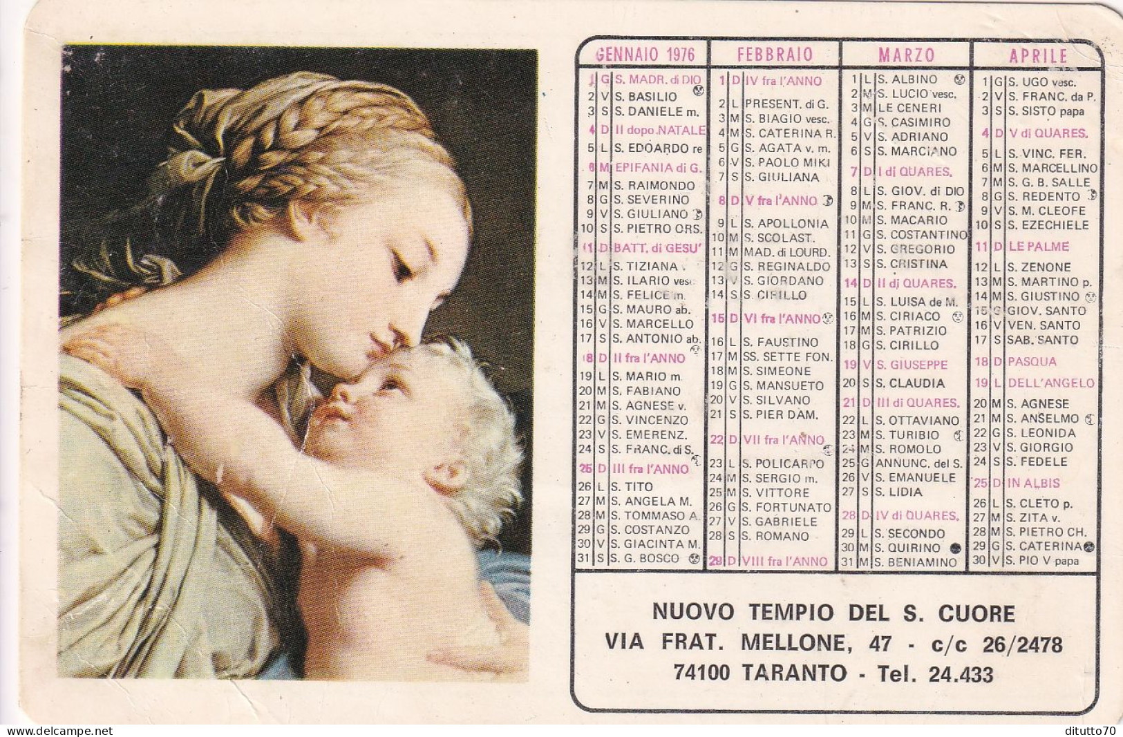 Calendarietto - Nuovo Tempio Del S.cuore - Taranto - Anno 1976 - Formato Piccolo : 1971-80