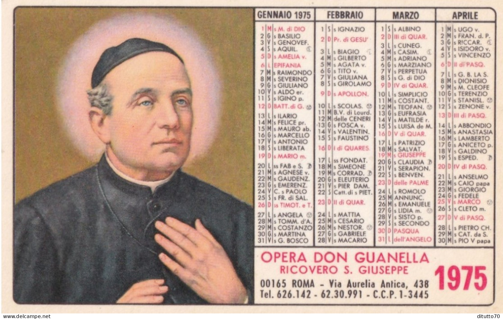 Calendarietto - Opera Don Guanella - Ricovero S.giuseppe - Roma - Anno 1975 - Klein Formaat: 1971-80