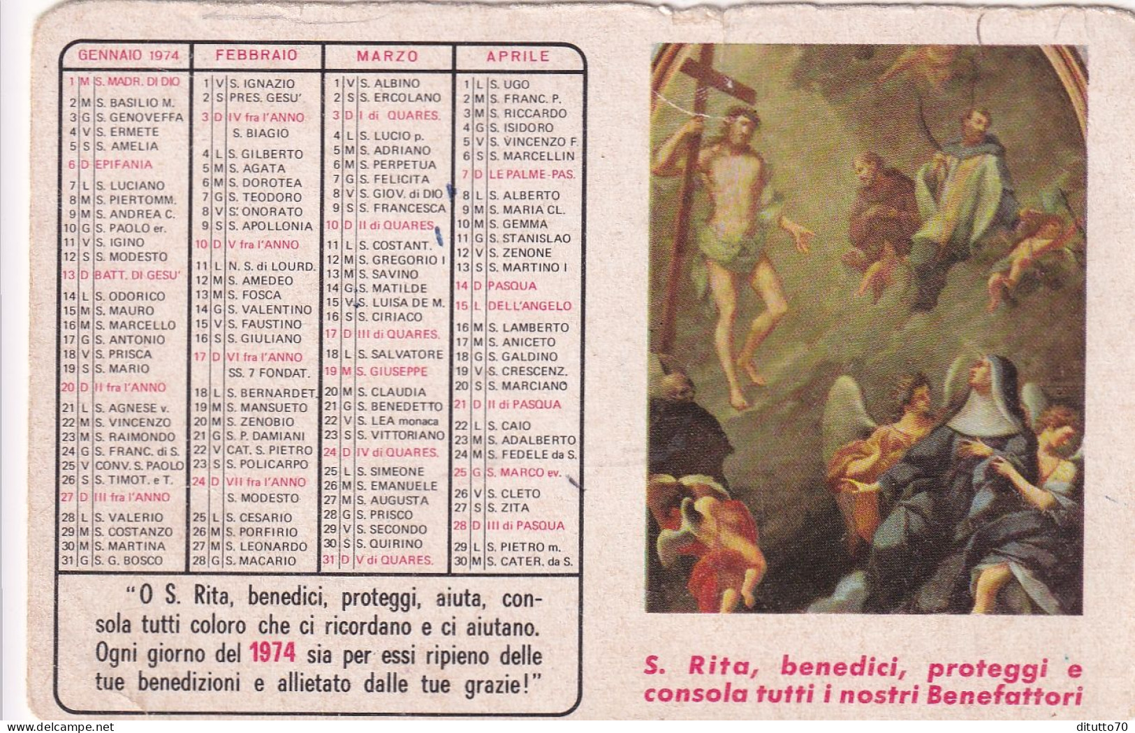 Calendarietto - Opera Francescana Della Carità Convento S.croce - Bologna - Anno 1974 - Small : 1971-80