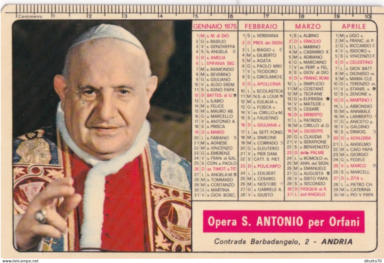 Calendarietto - Opera S.antonio Per Orfani - Andria - Anno 1975 - Small : 1971-80