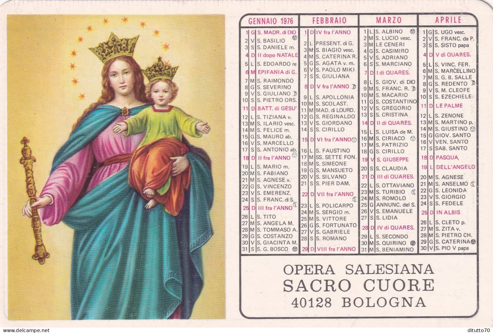 Calendarietto - Opera Salesiana  Sacro Cuore - Bologna- Anno 1976 - Formato Piccolo : 1971-80