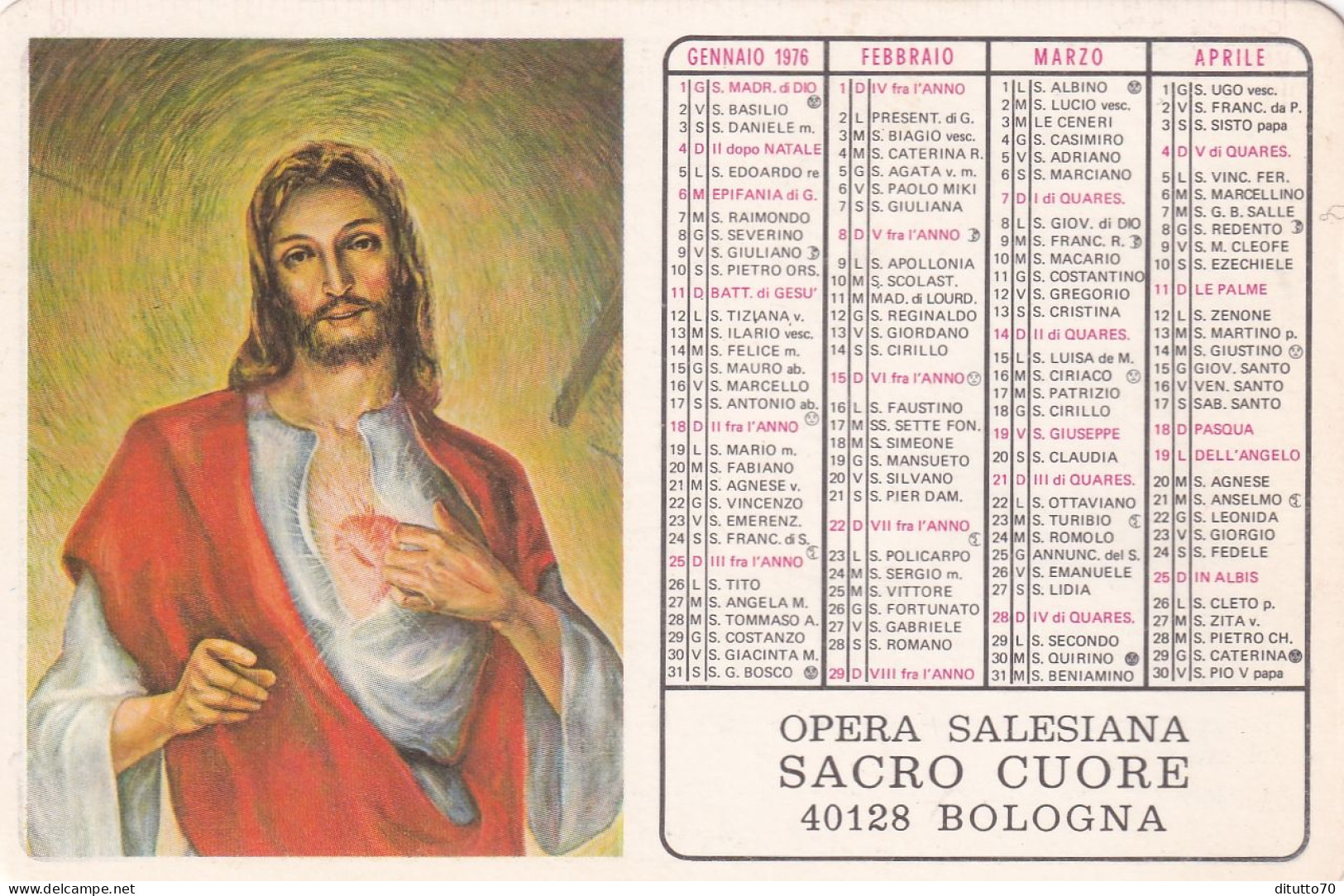 Calendarietto - Opera Salesiana Sacro Cuore - Bologna- Anno 1976 - Tamaño Pequeño : 1971-80