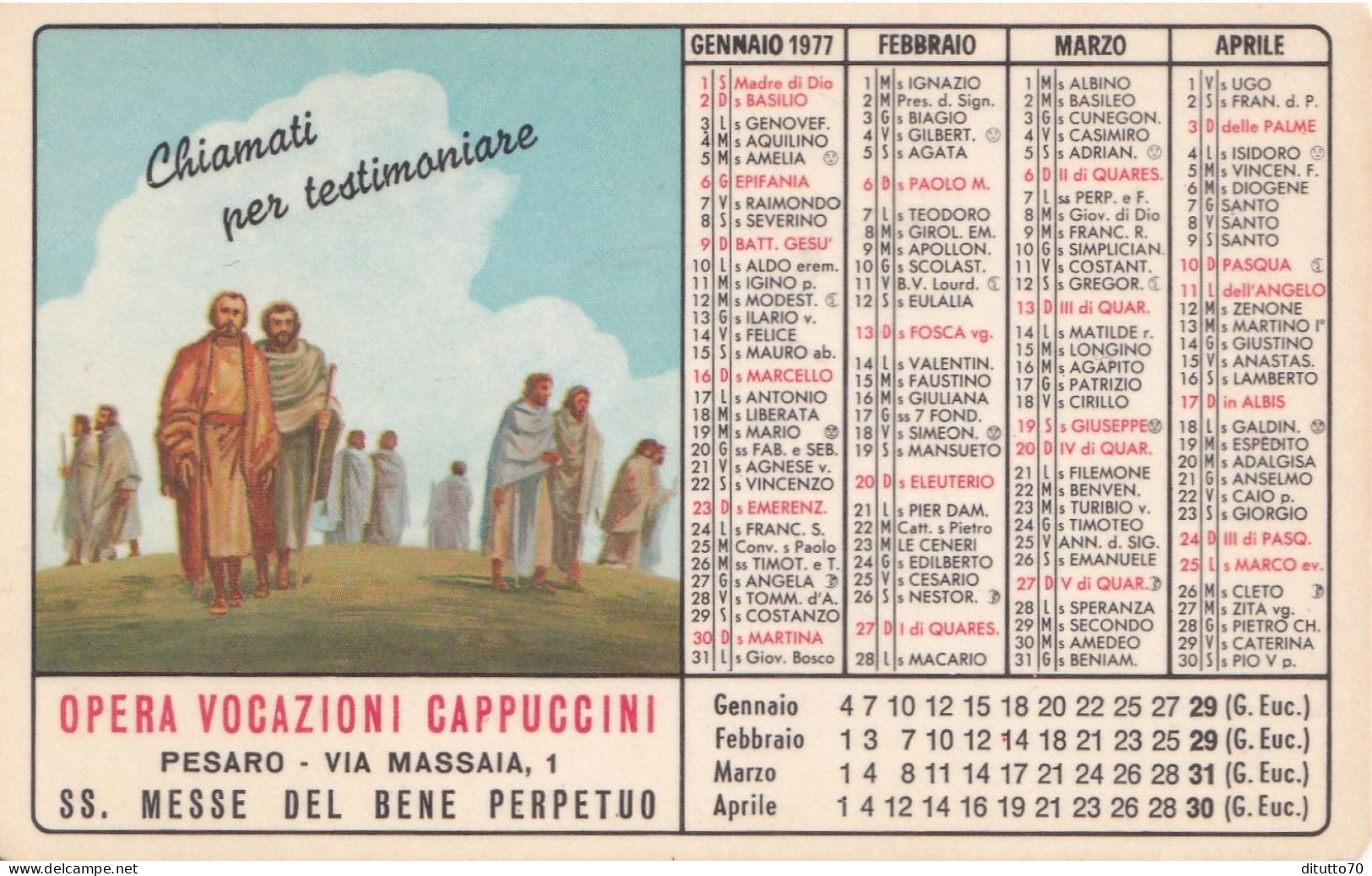 Calendarietto - Opera Vocazioni Cappuccini - Pesaro - Anno 1977 - Formato Piccolo : 1971-80