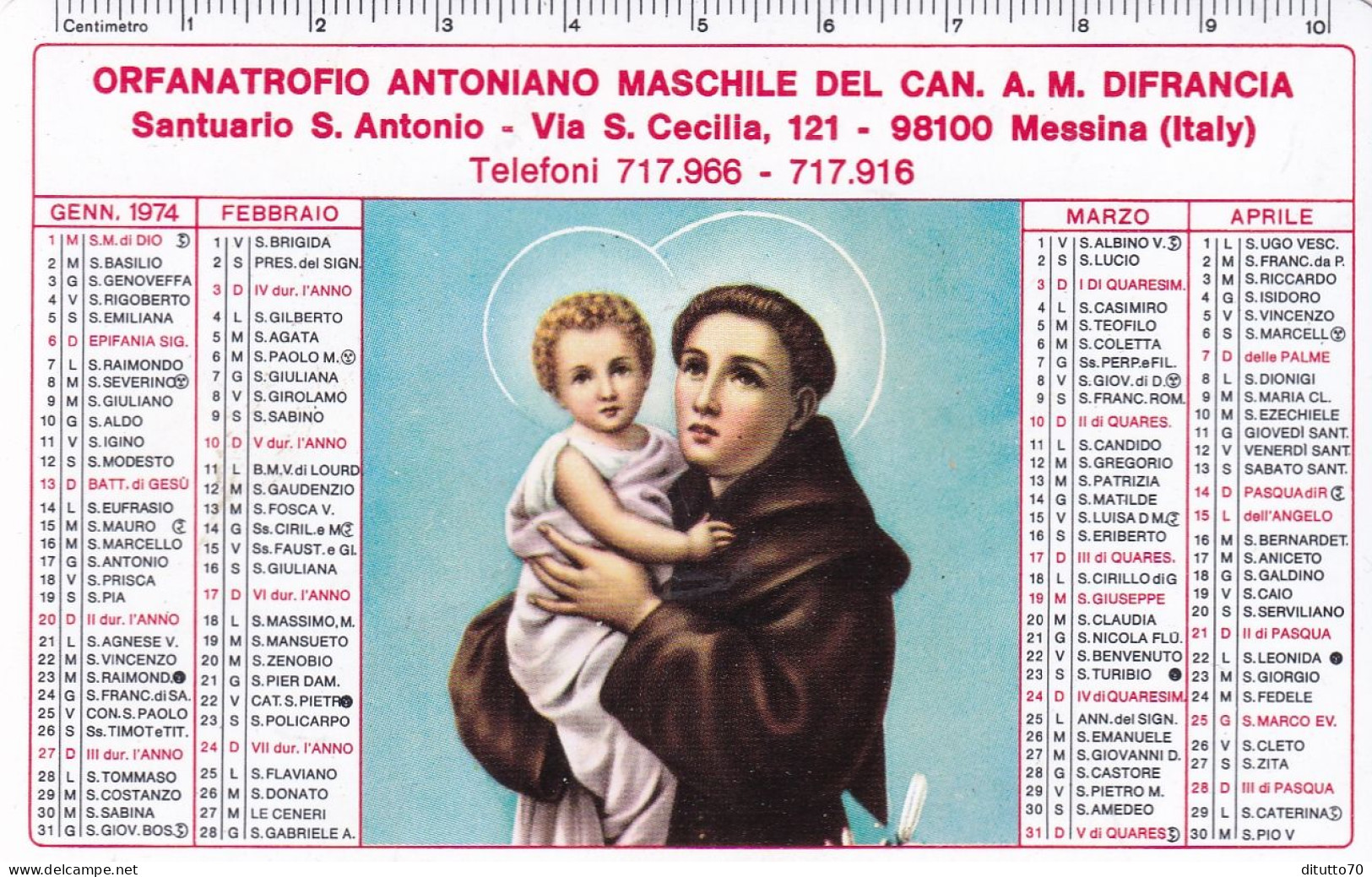 Calendarietto - Orfanotrofio Antoniano Maschile Del Cav. A.m. Di Francia - Messina - Anno 1974 - Tamaño Pequeño : 1971-80