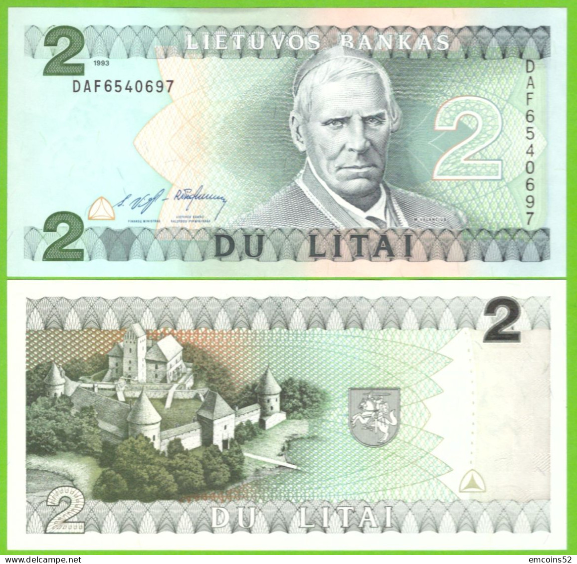 LITHUANIA  2 LITAI 1993  P-54  UNC  DAF - Litauen