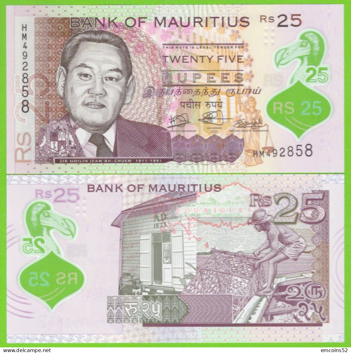 MAURITIUS 25 RUPEES 2021 P-64b UNC POLIMER - Mauricio