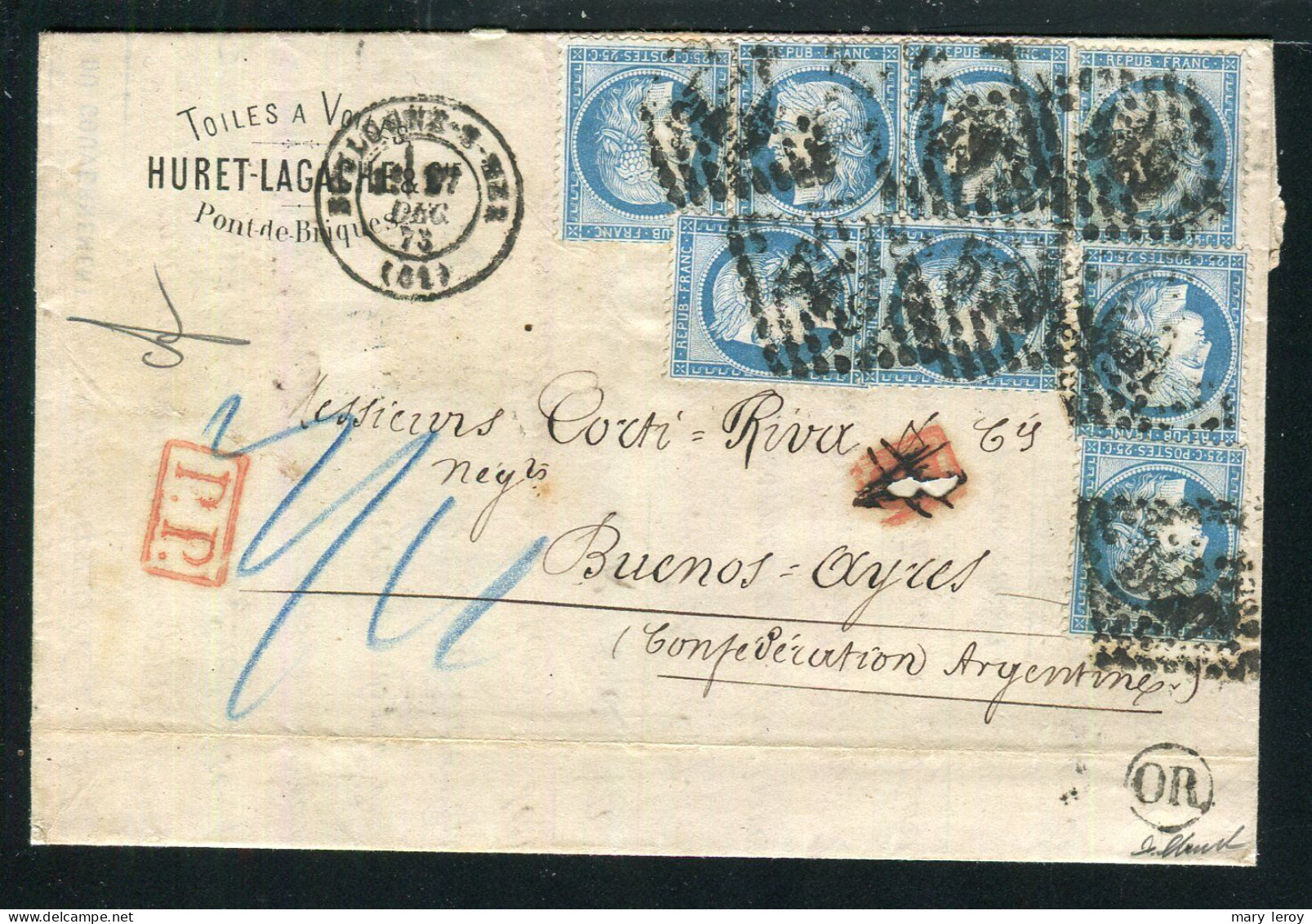 Superbe & Rare Lettre En Double Port De Pont De Briques Pour Buenos Ayres ( 1873 ) Avec Huit N° 60B - 1871-1875 Cérès