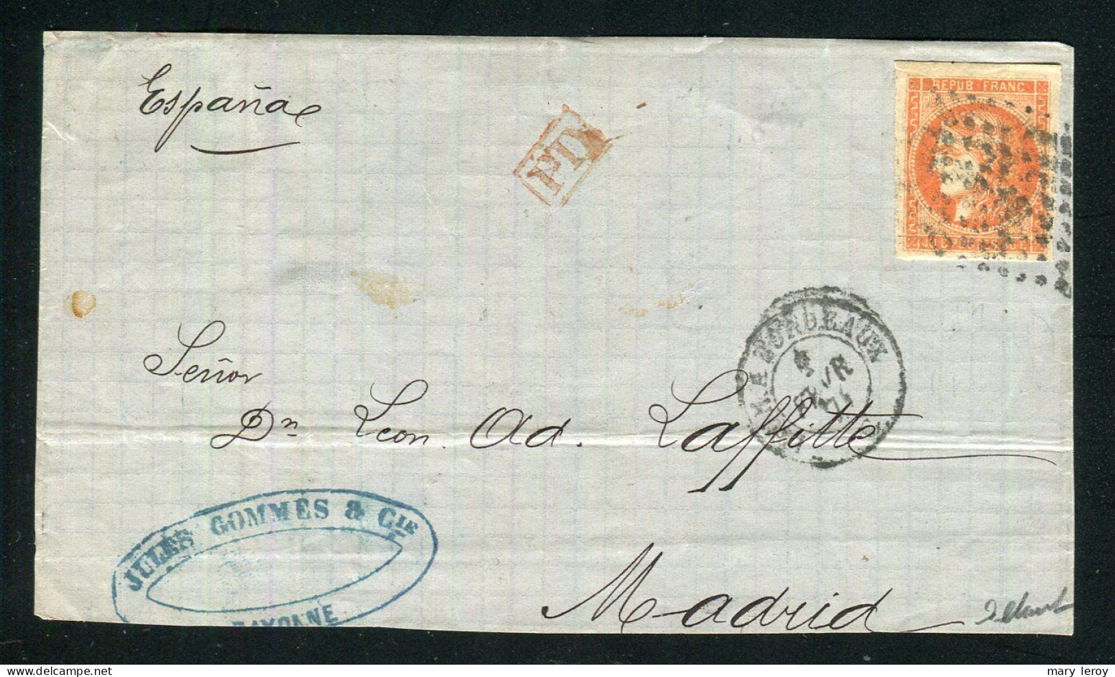 Superbe & Rare Devant De Lettre De Bayonne Pour Madrid ( 1871 ) Avec Un N° 48 - Cachet Ambulant IB - 1870 Ausgabe Bordeaux