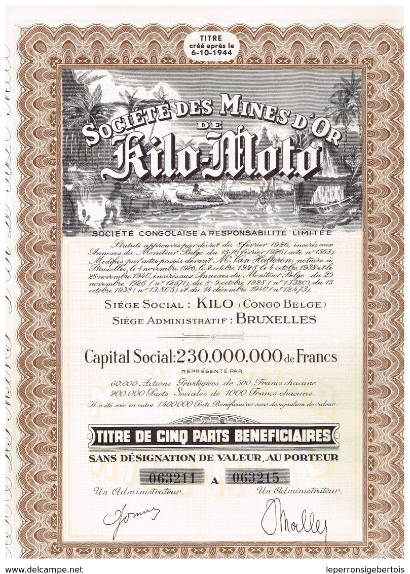 Titre Ancien- Société Des Mines D'Or De Kilo-Moto - Sté Congolaise à Responsabilité Limitée - N° 094486 A 094490 - Mijnen