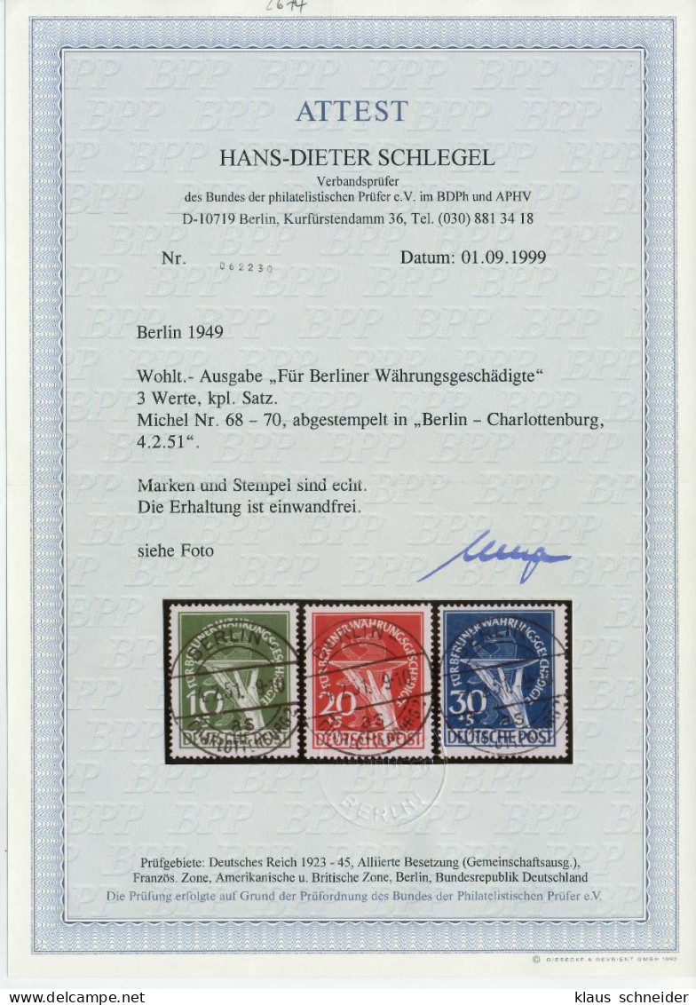 BERLIN 1949 Nr 68-70 Zentrisch Gestempelt ATTEST X64205E - Oblitérés