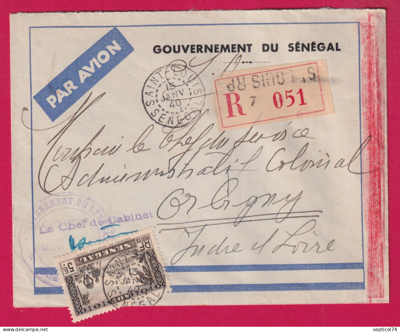 ST LOUIS SENEGAL RECOMMANDE PAR AVION 1940 GOUVENEMENT DU SENEGAL POUR ORBIGNY INDRE ET LOIRE LETTRE - Covers & Documents