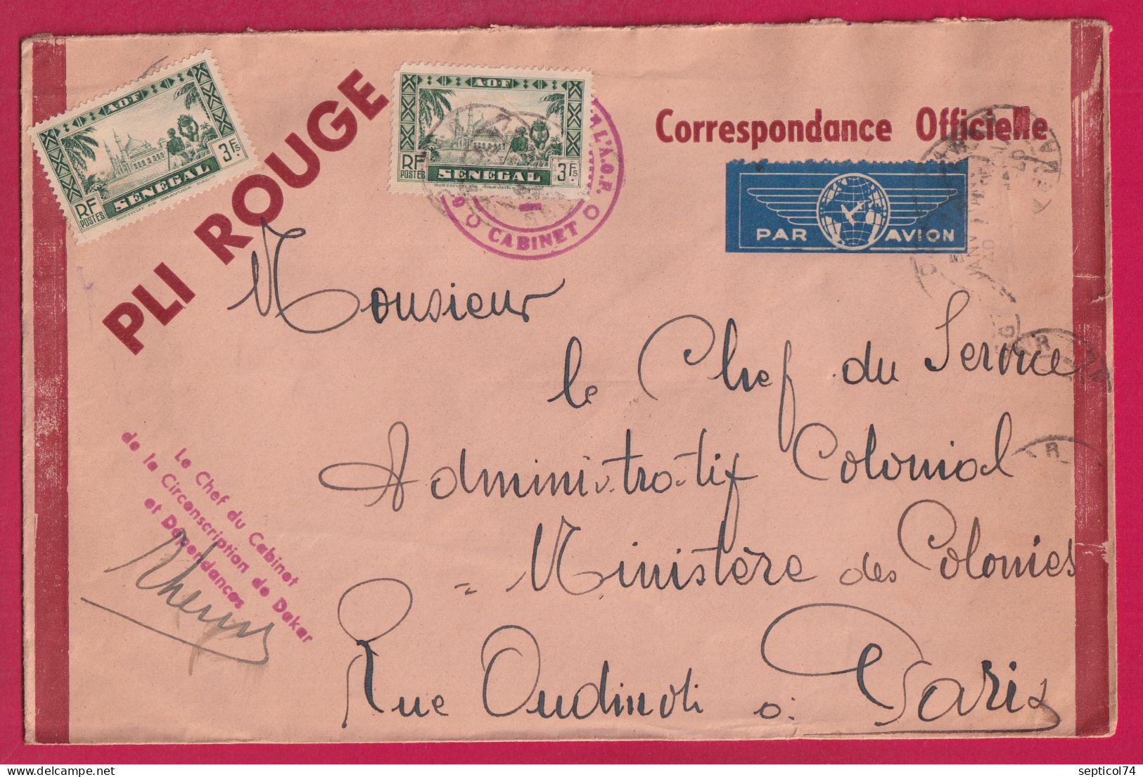 DAKAR SENEGAL PAR AVION 1940 PLI ROUGE CORRSPONDANCE OFFICIELLE POUR PARIS LETTRE - Covers & Documents