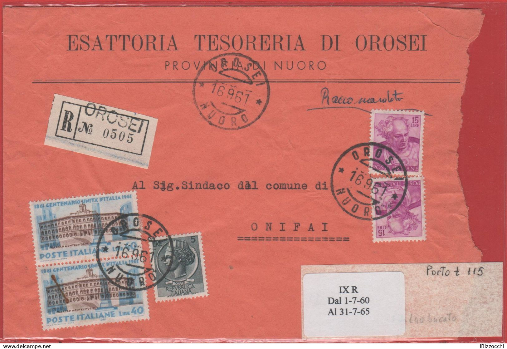 ITALIA - Storia Postale Repubblica - 1961 - 2x 40 Centenario Dell'unità D'Italia + 5 Siracusana + 2x 15 Michelangiolesca - 1961-70: Poststempel