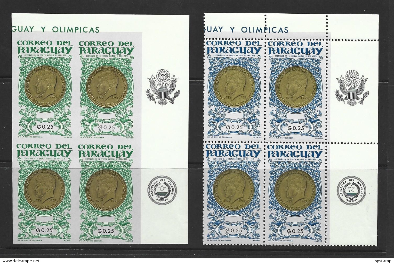 Paraguay 1965 Medals 0.25G President Kennedy Single Both Perf And Imperf Blocks Of 4 MNH - Paraguay