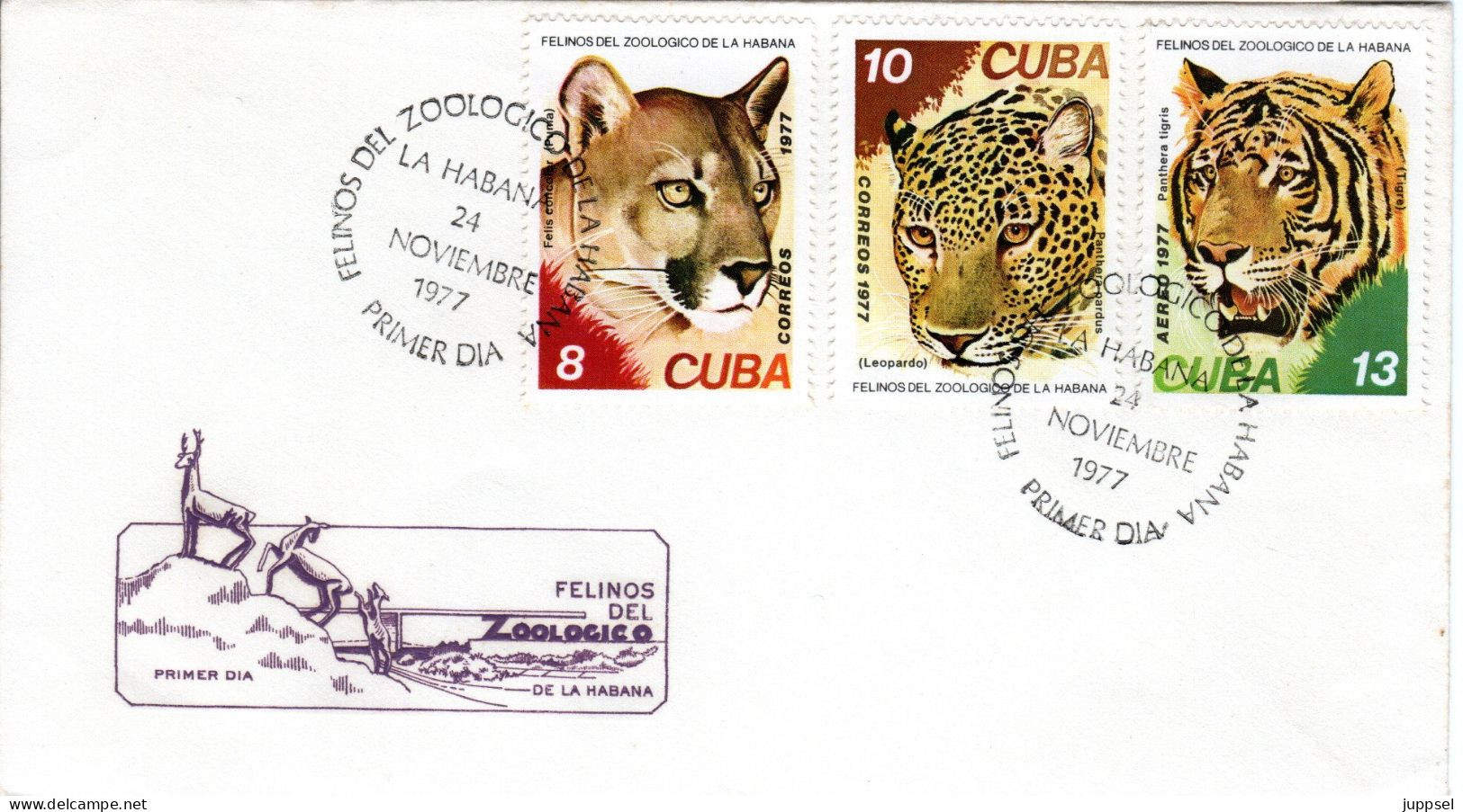 CUBA, FDC, Puma, Leopard, Tiger    /  Lettre De Première Jour, Couguar, Léopard, Tigre    1977 - Felinos