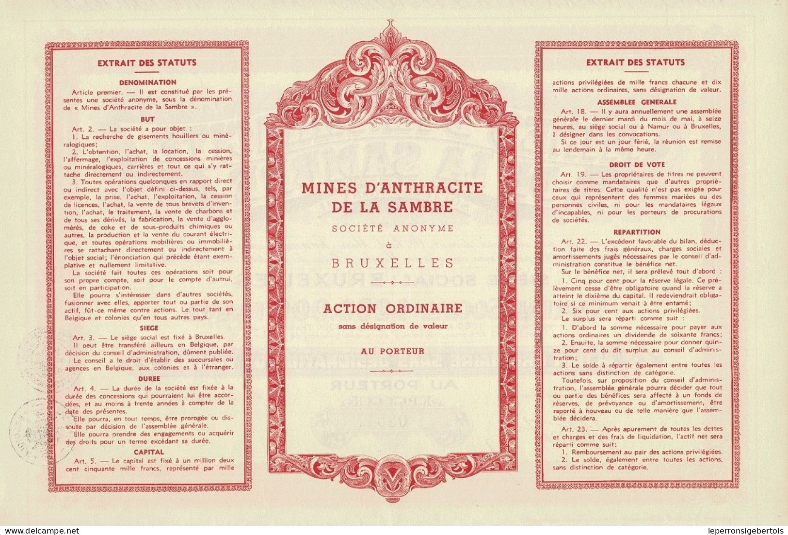 - Titre De 1934 -  Mines D'Anthracite De La Sambre - Déco - EF - Mijnen