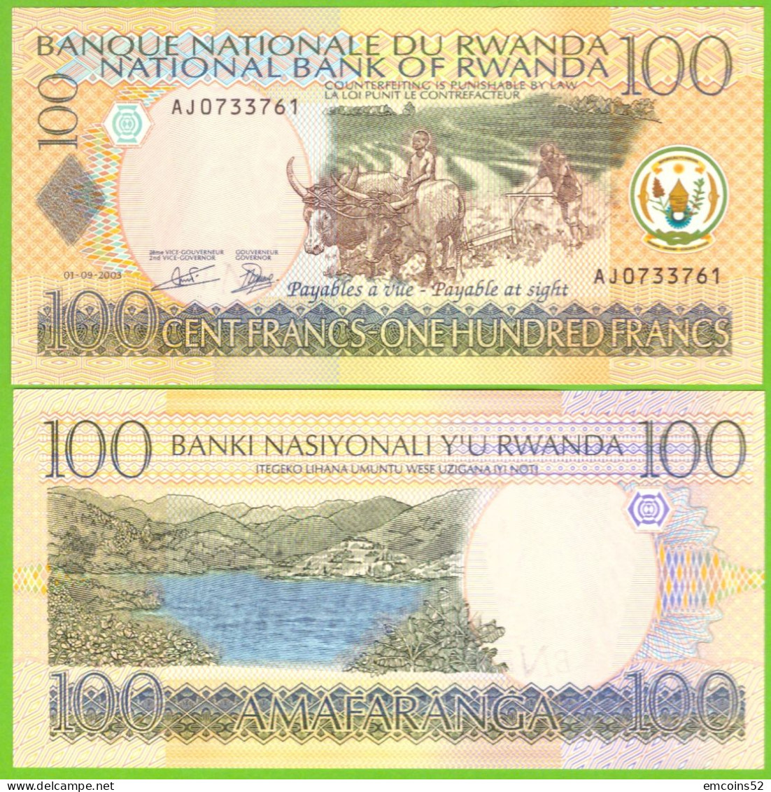 RWANDA 100 FRANCS 2003 P-29b UNC - Ruanda