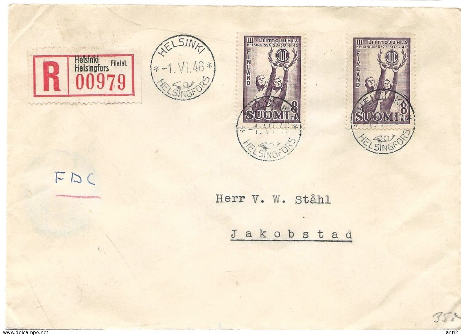 Finland   1946 3rd Sports Day Of The Workers, Sports Couple With Wreath, Mi 325 X 2  FDC On Registered Letter - Lettres & Documents