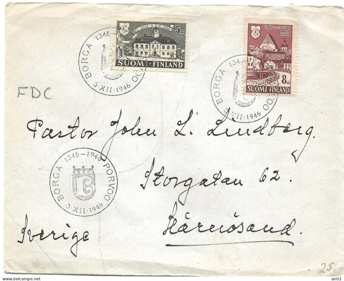 Finland   1946 600th Anniversary Of The City Of Porvoo (Borgå) Mi 331-332   FDC - Storia Postale