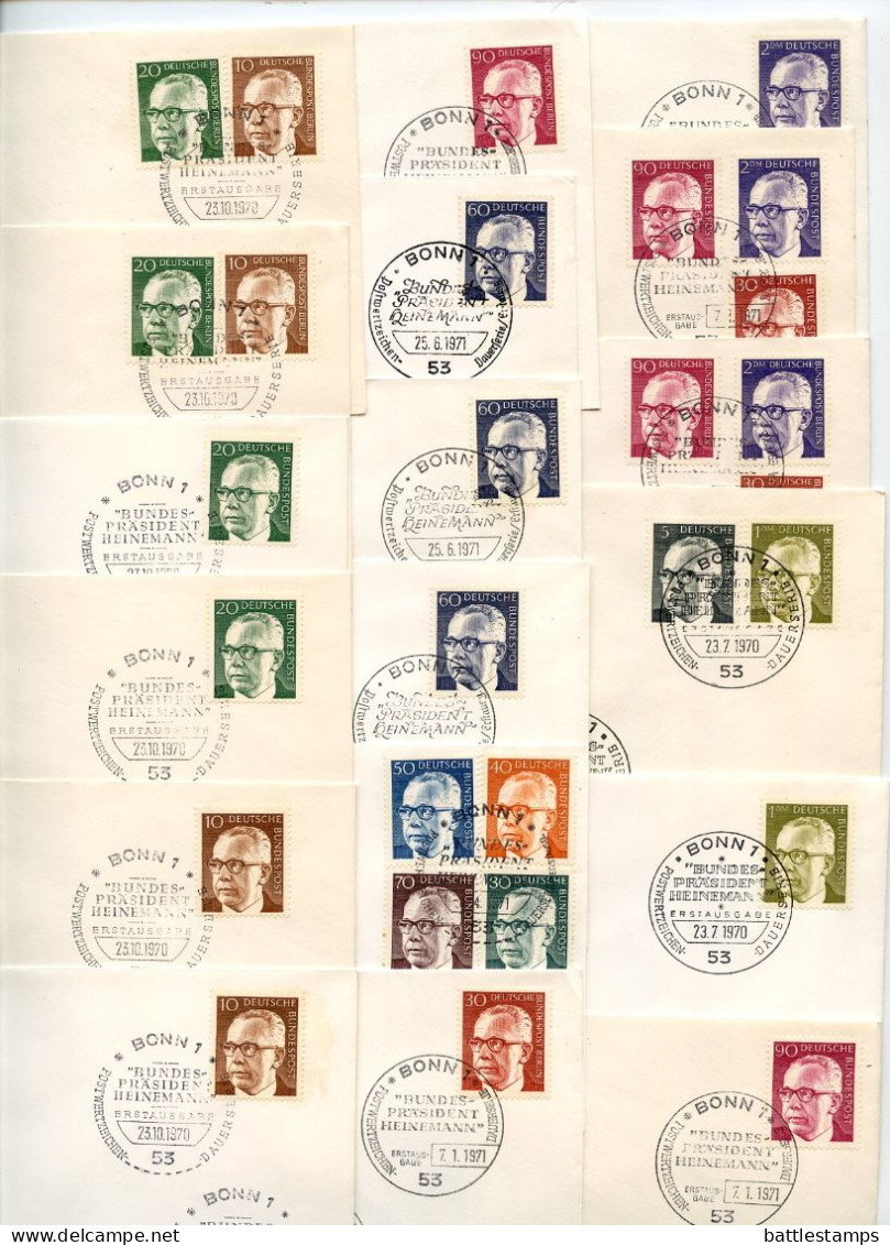 Germany, West 1970-71 18 FDCs Scott 1028-1030, 1031-1038, 1044 President Gustav Heinemann - 1971-1980
